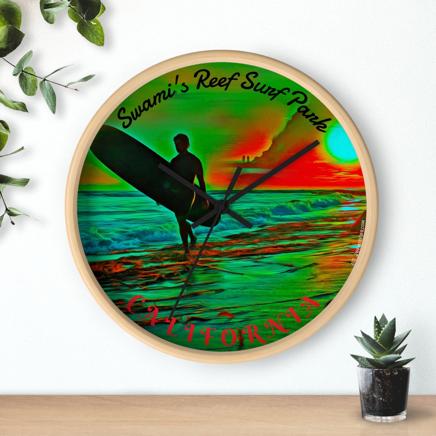 Swamis Vibe Encinitas California JSE Designs Swamis Surfing Sunset Wall Clock #3. Pop Art Sunset Surfer Wall Clock