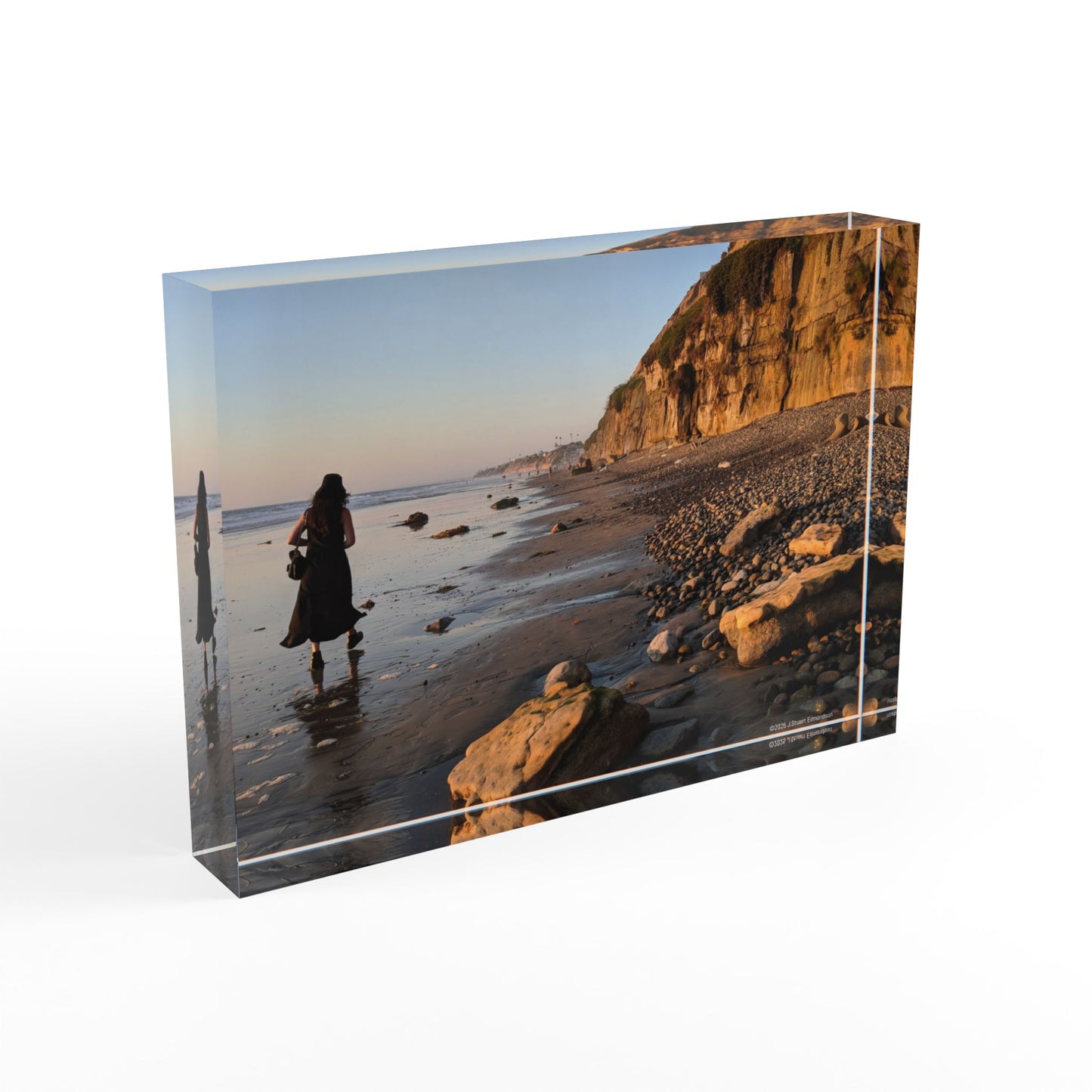 Swamis Vibe Girl in Long Dress Walking a Low Tide Beach Aesthetic Photo Block | Personalized Decorative Art, Home Decor, Unique Gifts, Wall Display