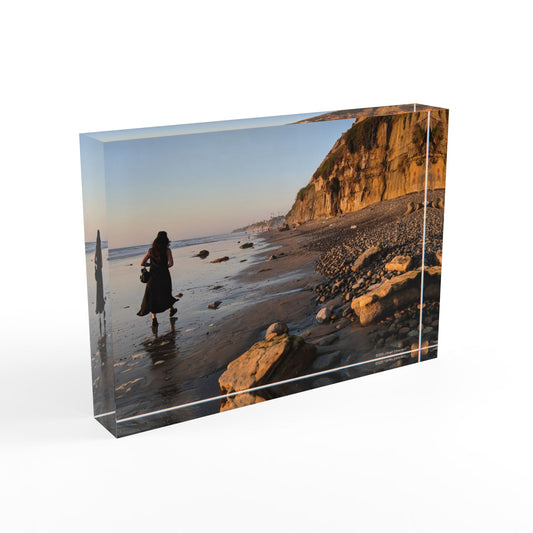 Swamis Vibe Girl in Long Dress Walking a Low Tide Beach Aesthetic Photo Block | Personalized Decorative Art, Home Decor, Unique Gifts, Wall Display