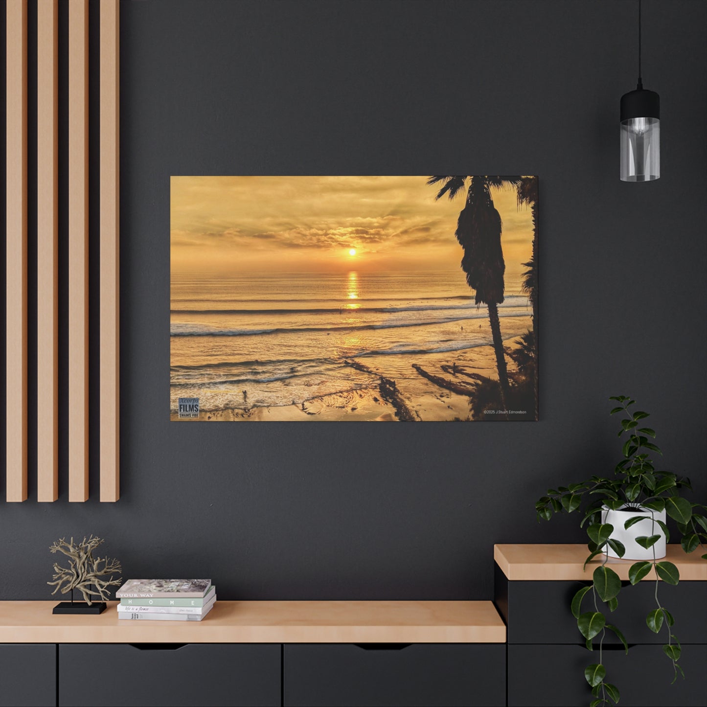 Swamis Vibe Encinitas California JSE Photograph #339 Swamis Sunset Gold Stretched Canvas Art, Sunset Beach Decor, Coastal Wall Art, Ocean Landscape Print, Tropical Home Decoration, Beach Lover Gift