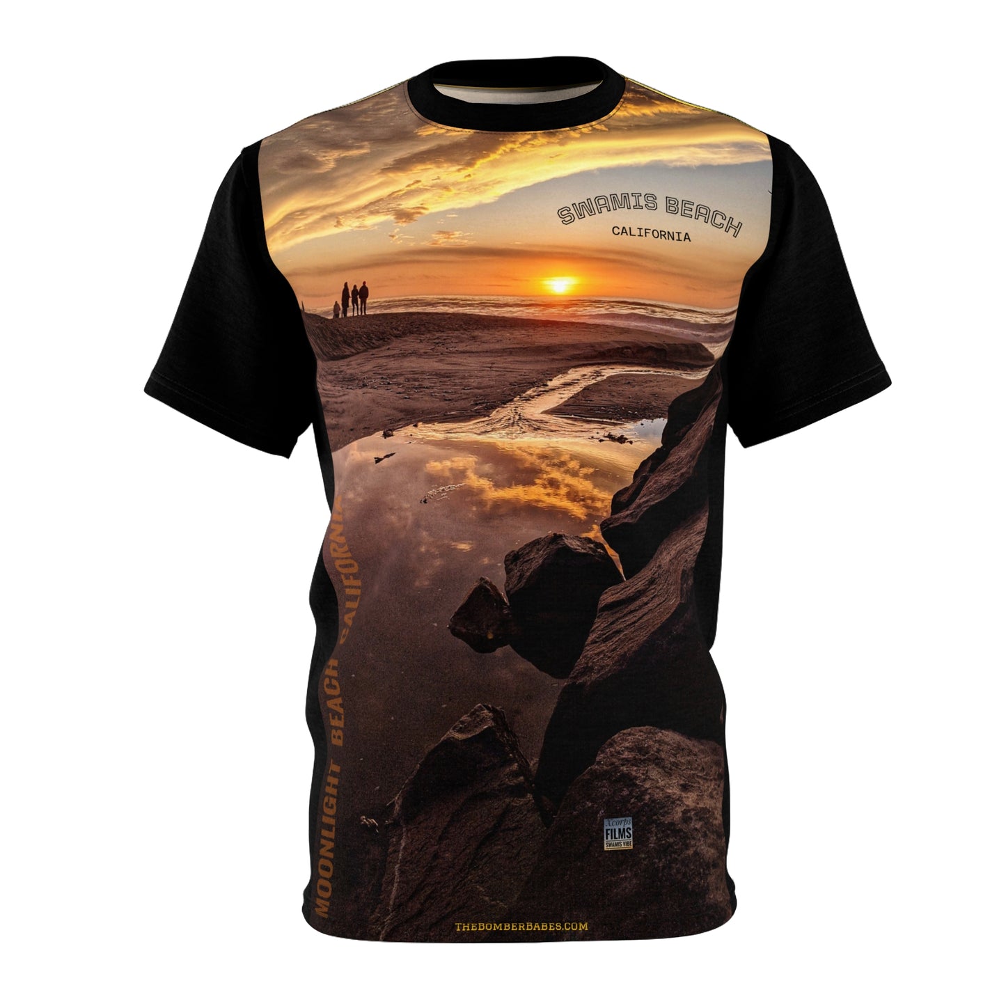 Swamis Vibe Encinitas California JSE Designs #6 Tower 19 Unisex T Sunset Beach Scene Tee, AOP Unisex Cut & Sew T-Shirt, Ocean Lover Gift, California Beachwear, Summer Vacation Apparel, Adventure T-Shirt