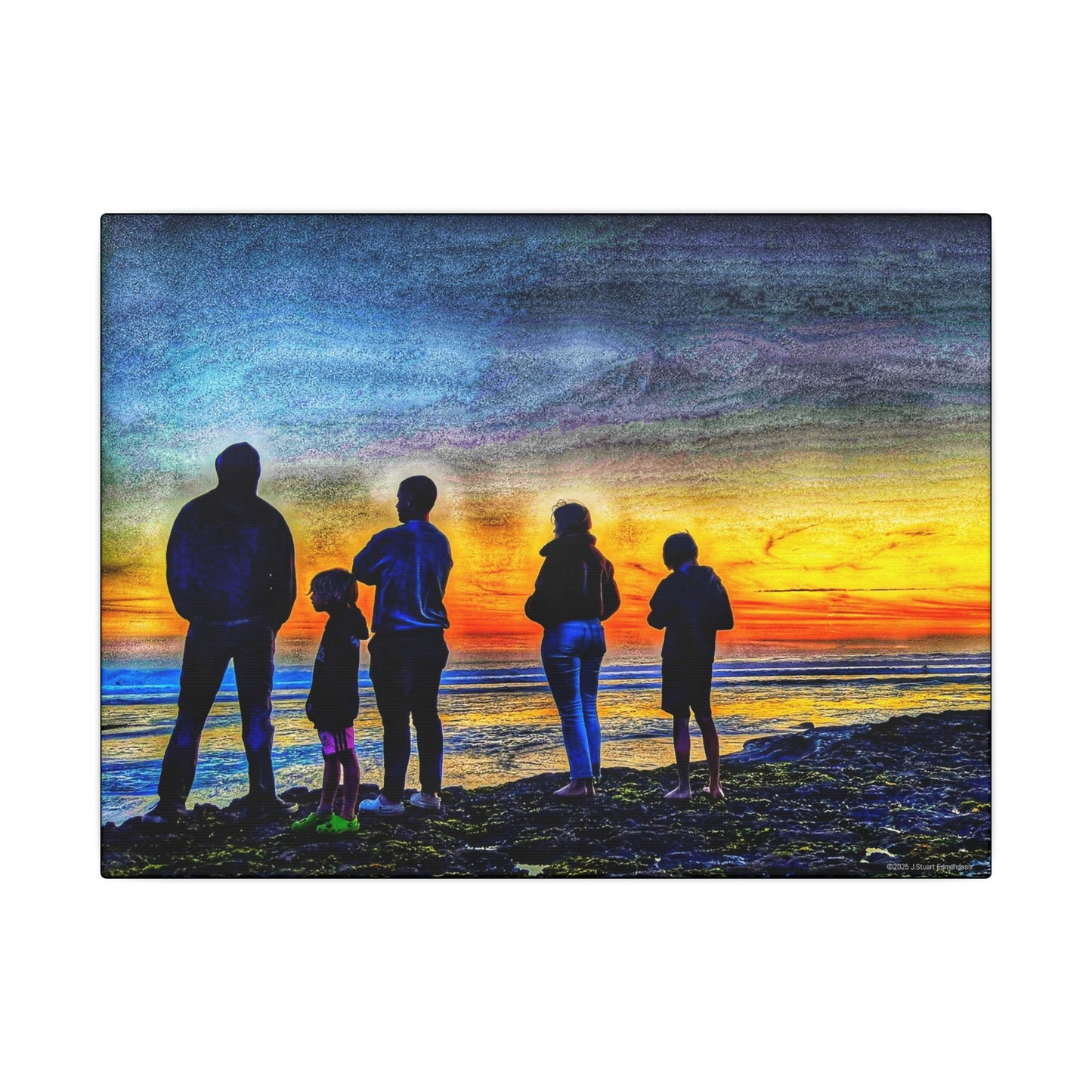 Swamis Vibe Encinitas California JSE Photograph #131 Swamis Low Tide Tourists Sunset Family Silhouette Canvas Wall Art, Stretched Canvas, Home Decor for Living Room, Gift for Parents, Family Portrait, Nature Art