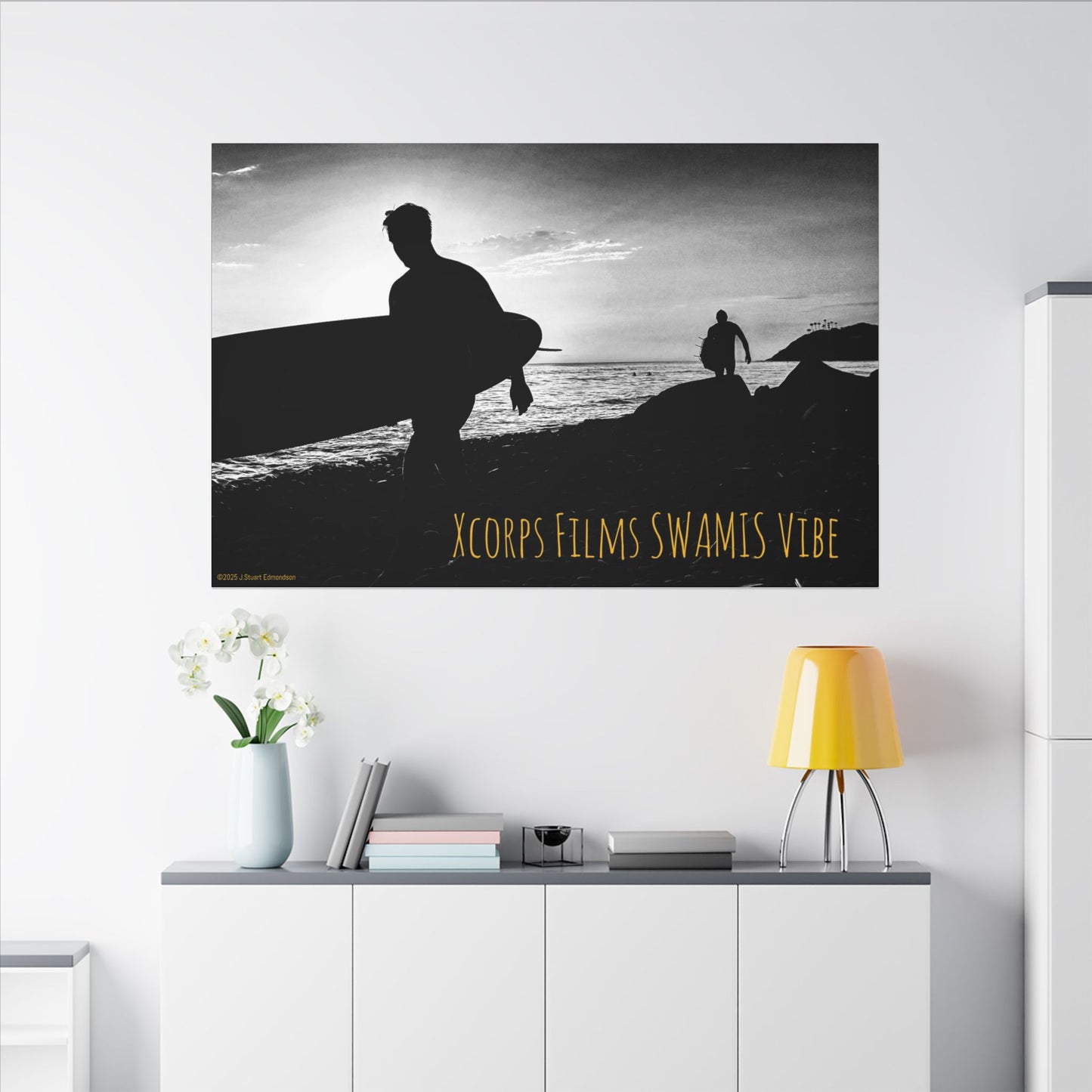Swamis Vibe Encinitas California JSE Photograph #1029 Swamis Surfers Silhouettes Surfing Art Print, Black-and-White Canvas Wall Decor, Beach Vibe, Surf Culture Home Decoration, Gift for Surfers, Beach Lovers