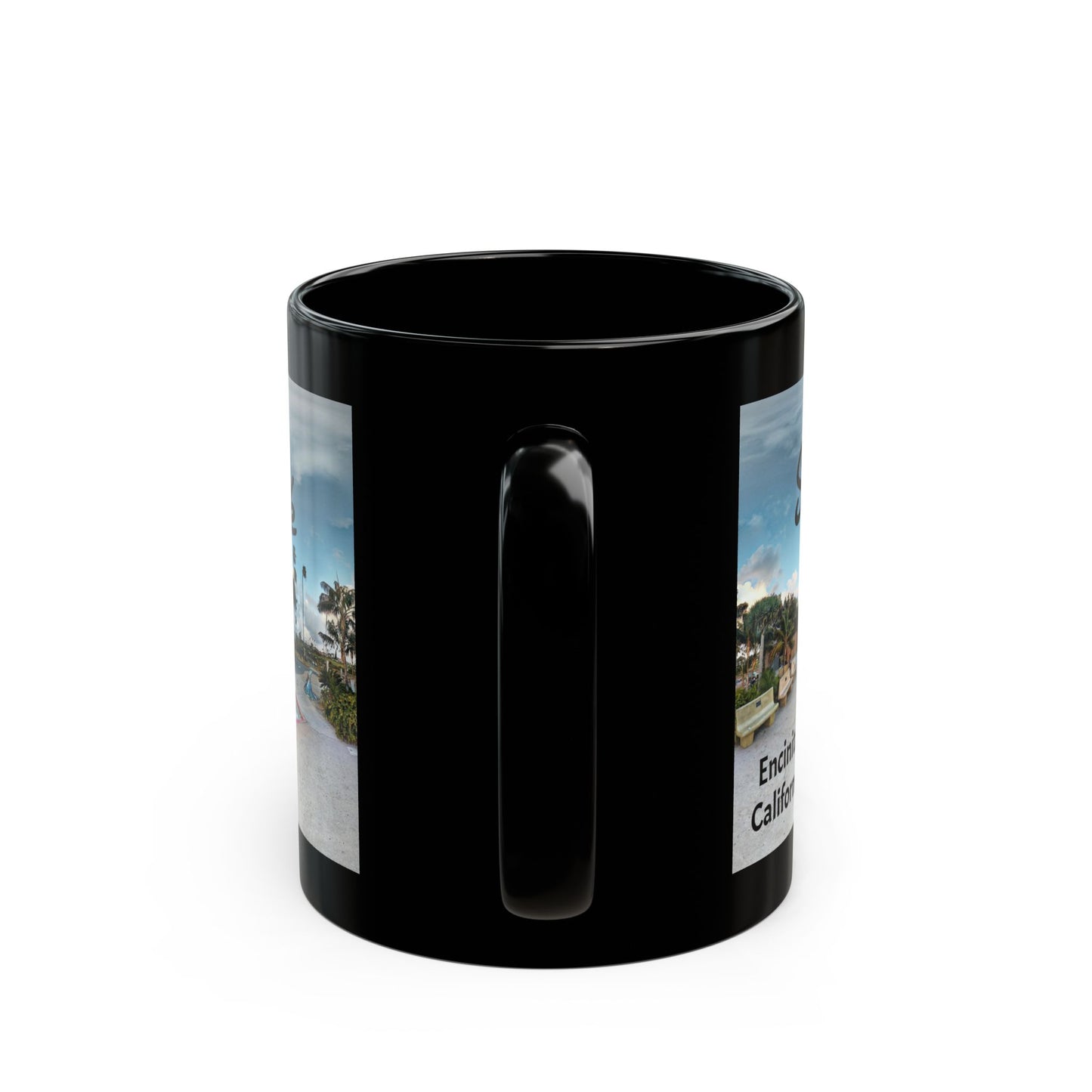 Swamis Vibe Encinitas California JSE Designs #5. Panorama Swamis Surf Park Ceramic Mug - Black Coffee/Tea Cup, Beach Lover Gift, Vacation Souvenir, Surfing Decor, Relaxing Drinkware