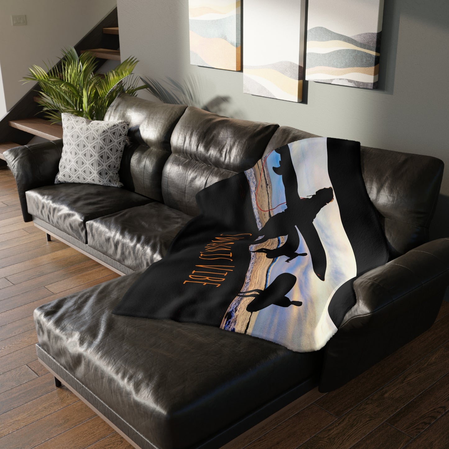 Swamis Vibe Encinitas California JSE Designs Surfer Sunset Blanket #2. Velveteen Microfiber Blanket - Swamis Vibe Surfer Sunset Beach California Two-sided Print