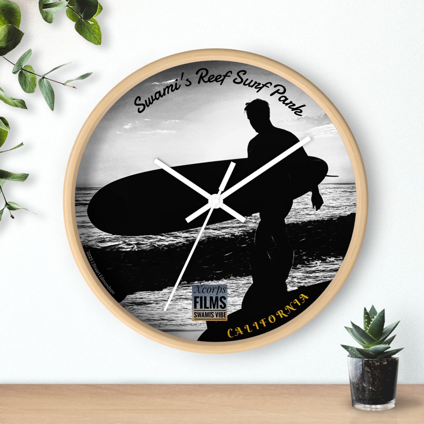 Swamis Vibe Encinitas California JSE Designs Swamis Surfer Silhouette Wall Clock #4. Surf-Inspired Wall Clock, Coastal Decor, Beach House Gift, Surfer's Home Accent, California Vibes, Unique Timepiece