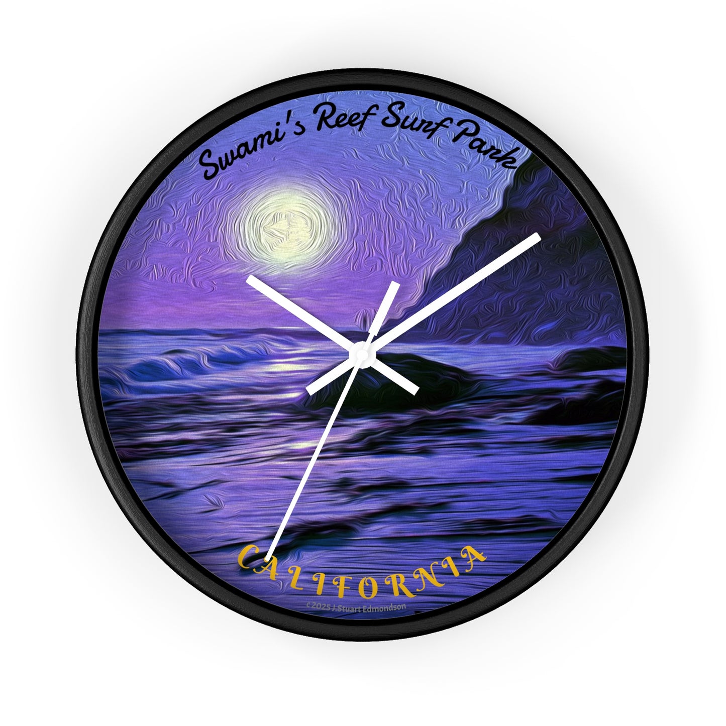 Swamis Vibe Encinitas California JSE Designs Swamis Surfing Sunset Wall Clock #6. Purple Moon - Serene Moonlit Beach Wall Clock | Coastal Home Decor, Nautical Gift, Ocean Lover's Art, Unique Timepiece, Relaxing Atmosphere