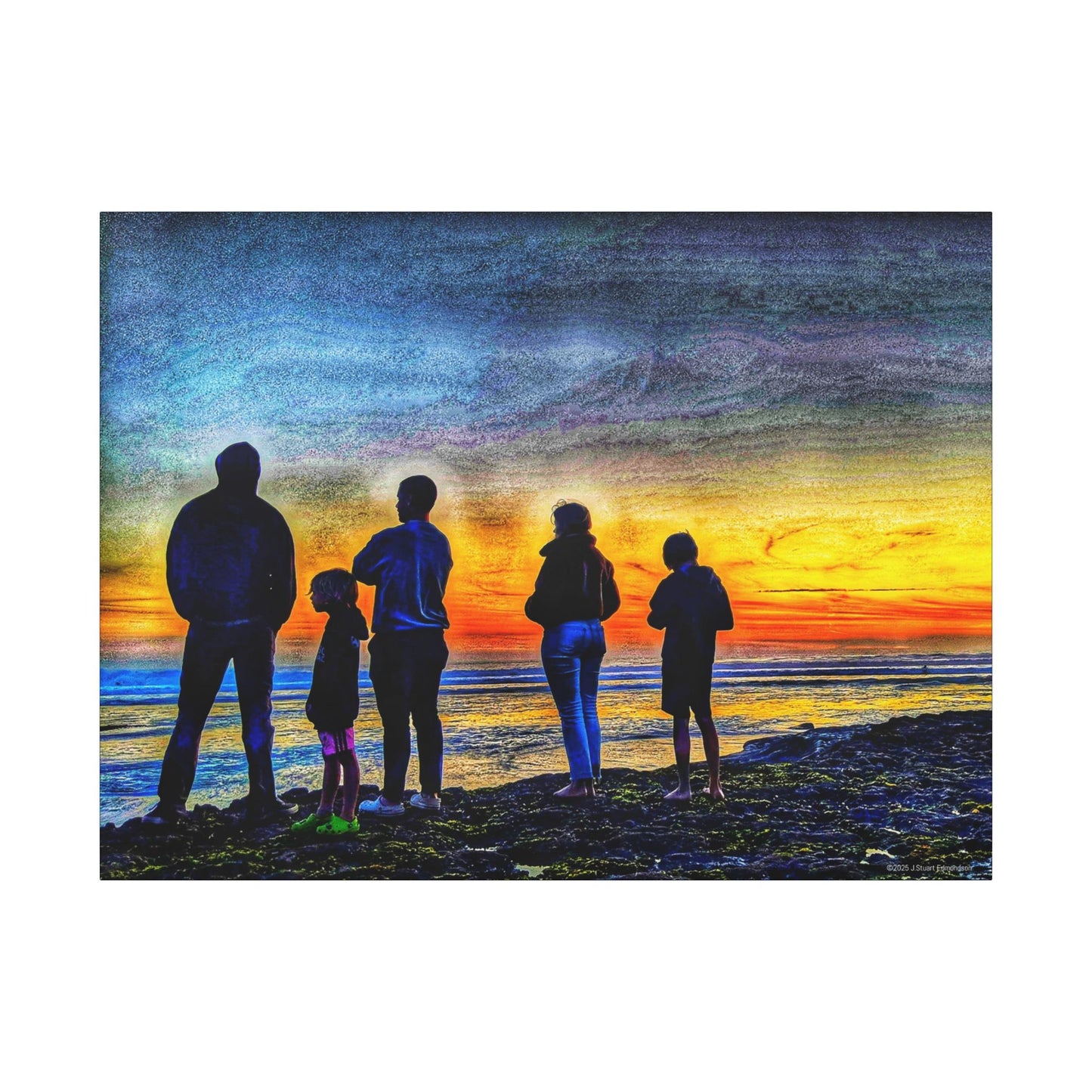 Swamis Vibe Encinitas California JSE Photograph #131 Swamis Low Tide Tourists Sunset Family Silhouette Canvas Wall Art, Stretched Canvas, Home Decor for Living Room, Gift for Parents, Family Portrait, Nature Art