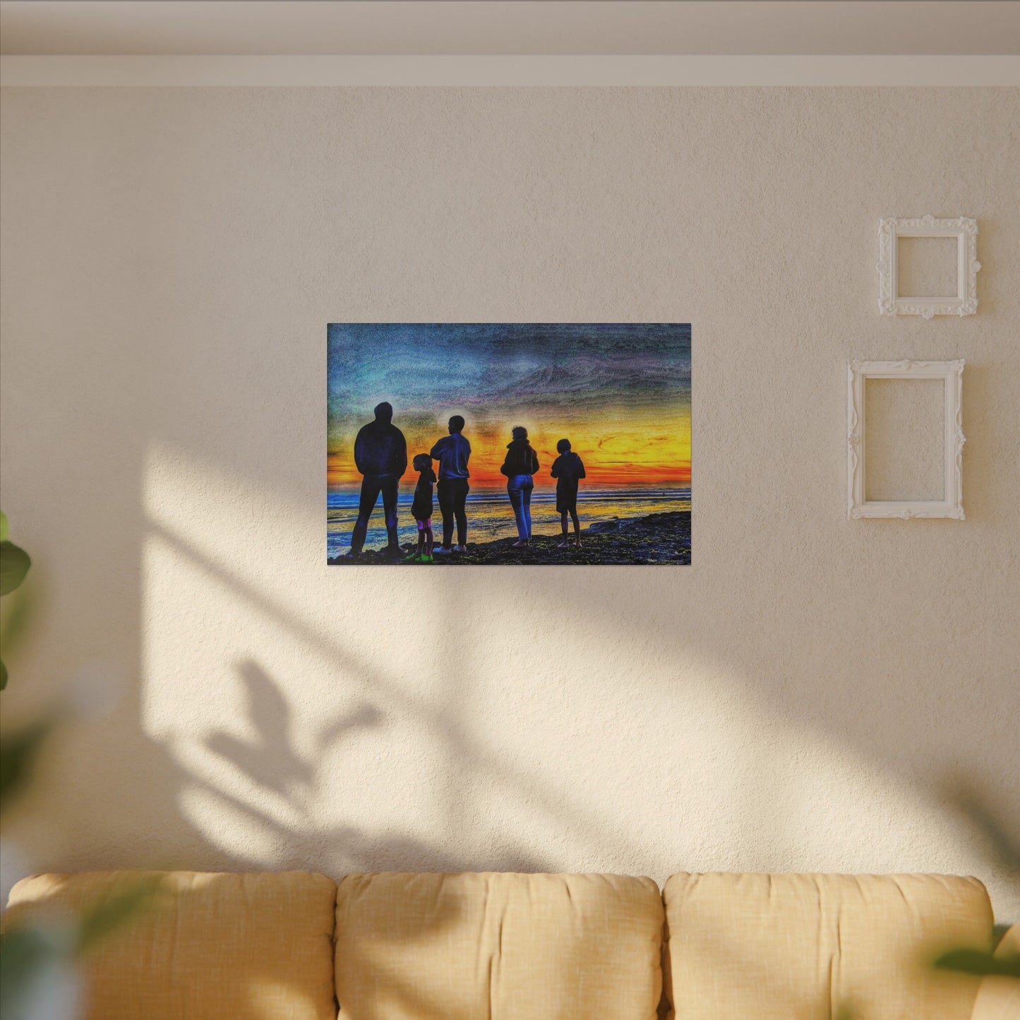 Swamis Vibe Encinitas California JSE Photograph #131 Swamis Low Tide Tourists Sunset Family Silhouette Canvas Wall Art, Stretched Canvas, Home Decor for Living Room, Gift for Parents, Family Portrait, Nature Art