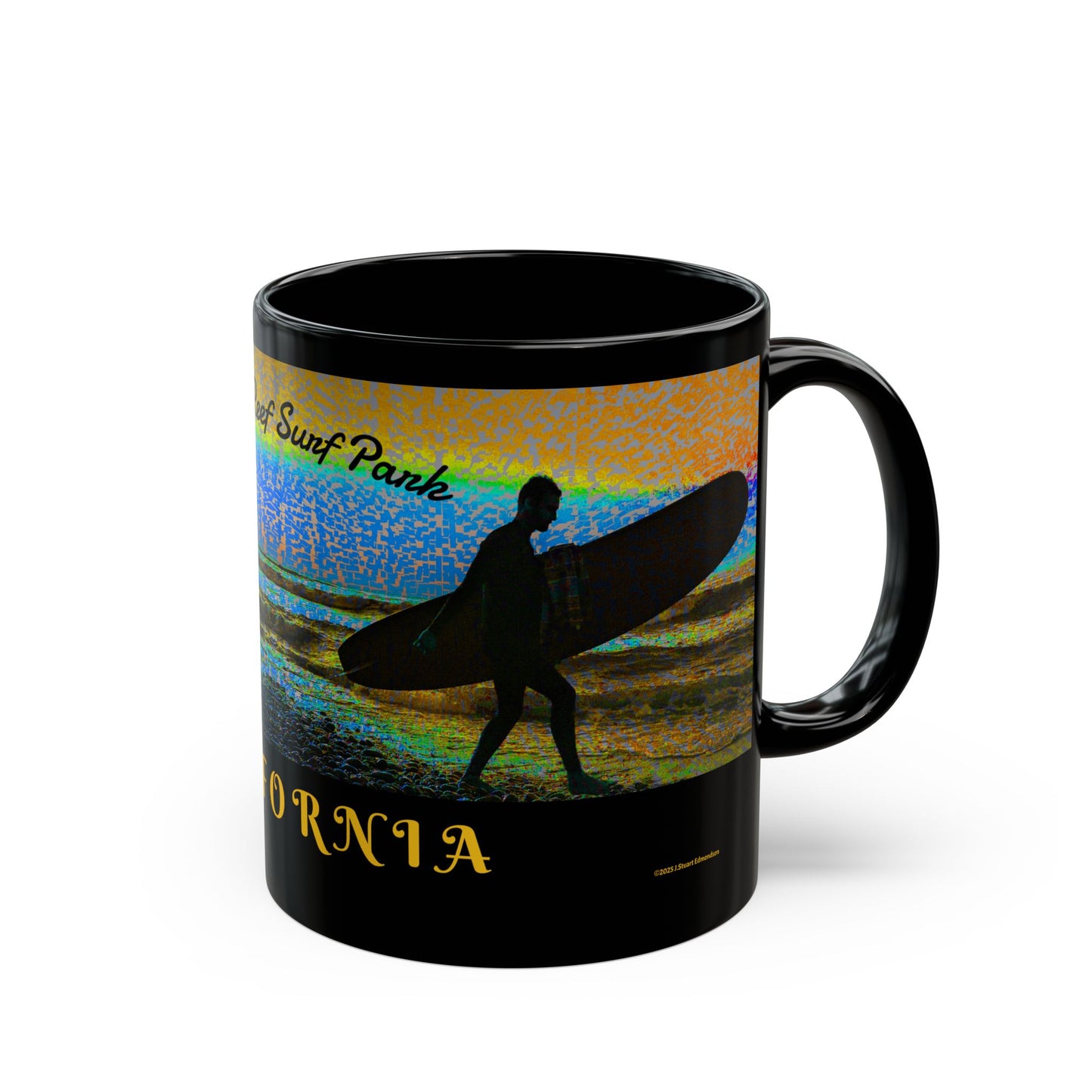 Swamis Vibe Encinitas California JSE Sunset Surf Designs #6 Xcorps Films Swamis Vibe Ceramic Mug California Surfing Mug, Black Ceramic Coffee Cup, Beach Lover Gift, Surfboard Artwork, Swami's Reef Surf, Unique Coffee Mug
