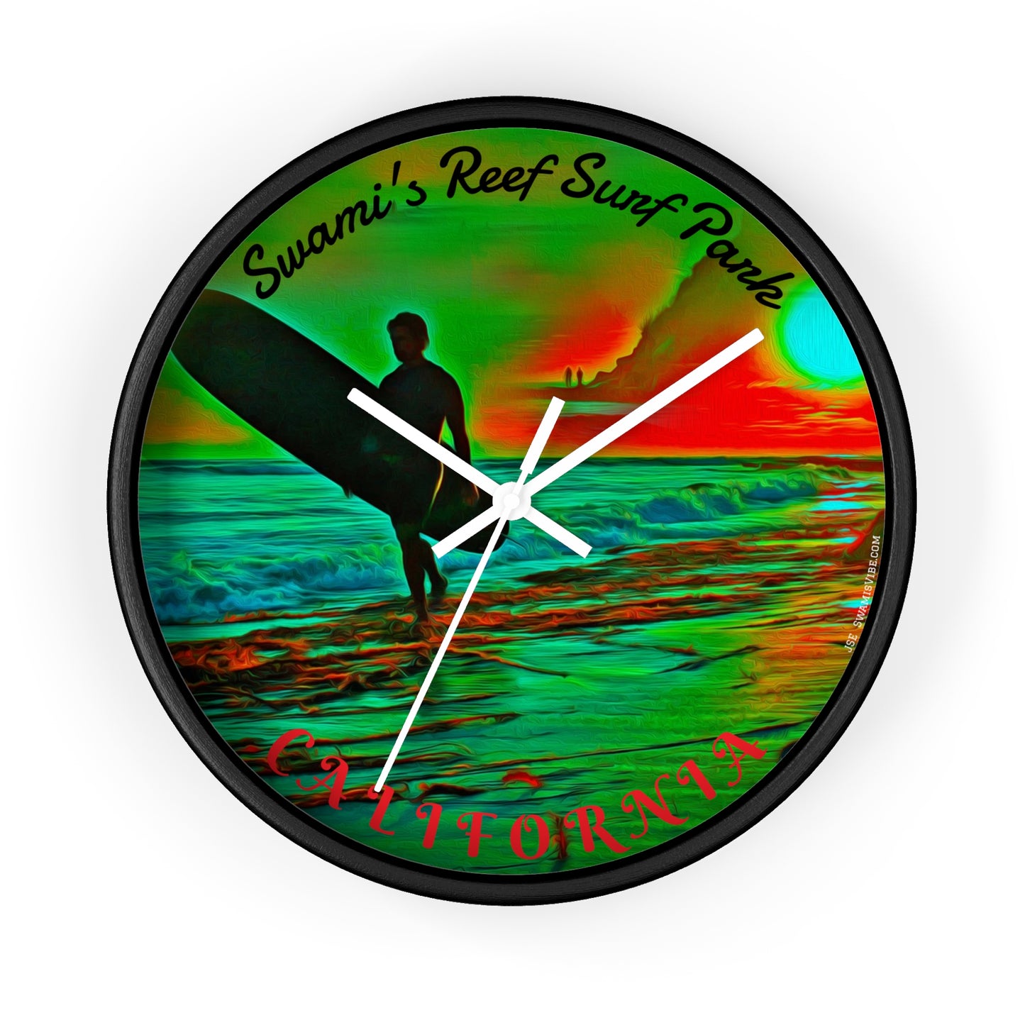 Swamis Vibe Encinitas California JSE Designs Swamis Surfing Sunset Wall Clock #3. Pop Art Sunset Surfer Wall Clock
