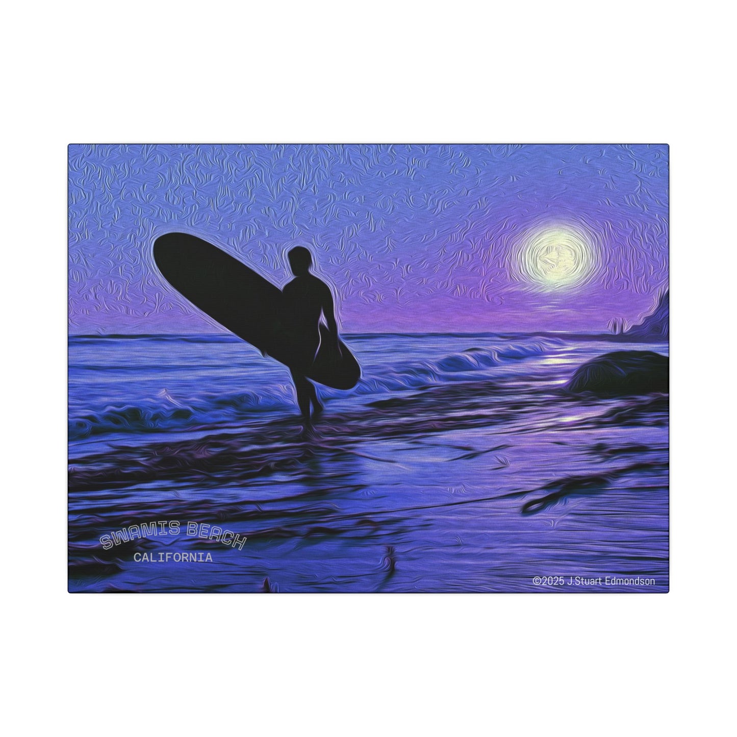 Swamis Vibe Encinitas California JSE Photograph #140 Purple Sunset Surfer Ocean Sunset Surfing Canvas, Beach Wall Art, Surf Decor, Coastal Home Decor, Beach House Wall Art, Perfect Gift for Surf Lovers