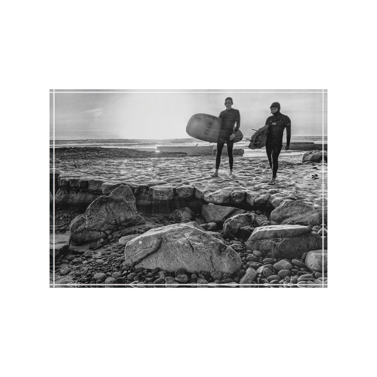 Swamis Vibe Surf and Sunsets Gallery Presents 2 Surfers on Ancient Swamis Reef 3D Surf Photo Block Home Decor, Gift for Surfers, Black and White Photography Display, Coastal Wall Art