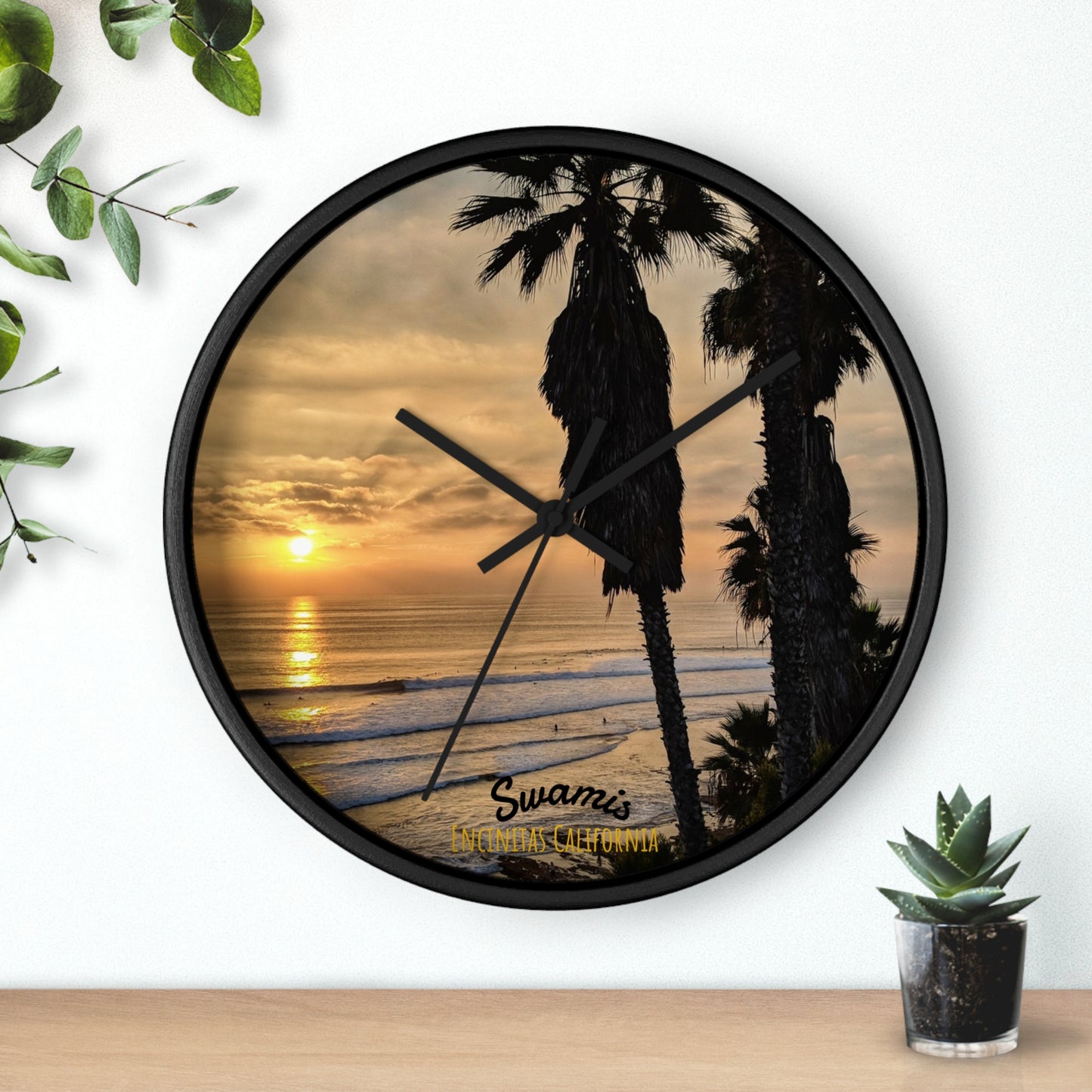 Swamis Vibe Encinitas California JSE Designs Swamis Surfing Sunset Wall Clock #2. Palm Trees Wall Clock, Coastal Decor, Home Wall Art, Beach Vibes, Unique Gift for Beach Lovers