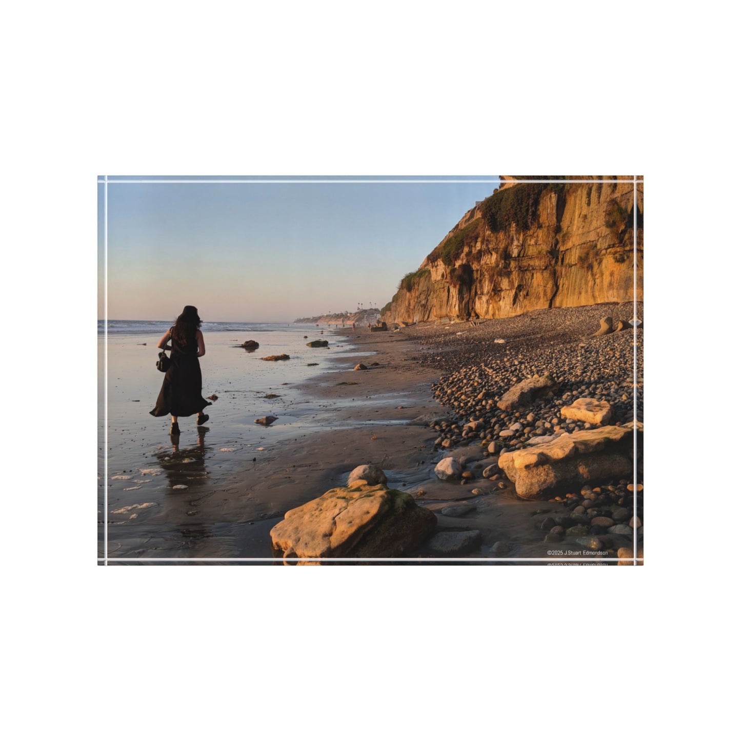 Swamis Vibe Girl in Long Dress Walking a Low Tide Beach Aesthetic Photo Block | Personalized Decorative Art, Home Decor, Unique Gifts, Wall Display