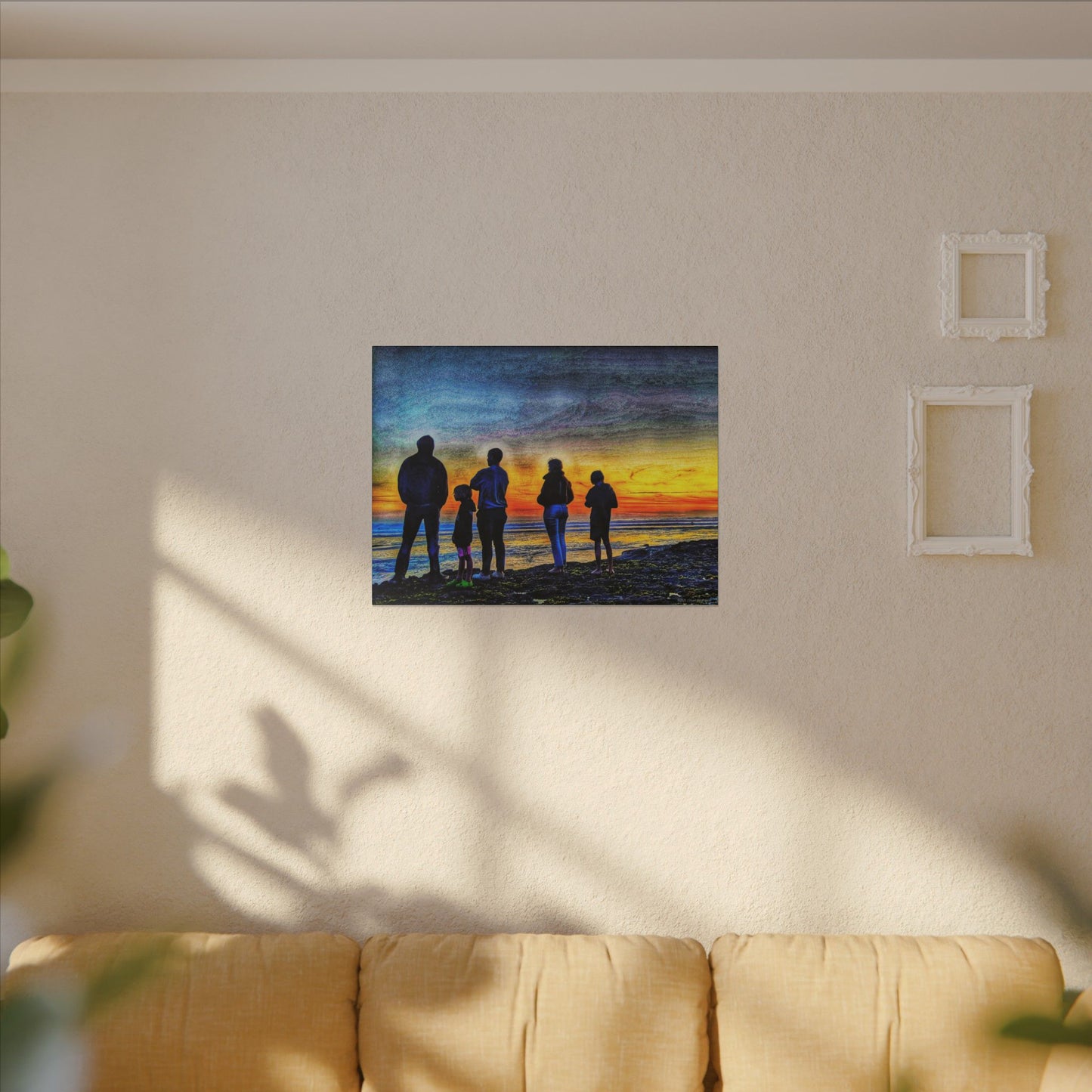 Swamis Vibe Encinitas California JSE Photograph #131 Swamis Low Tide Tourists Sunset Family Silhouette Canvas Wall Art, Stretched Canvas, Home Decor for Living Room, Gift for Parents, Family Portrait, Nature Art