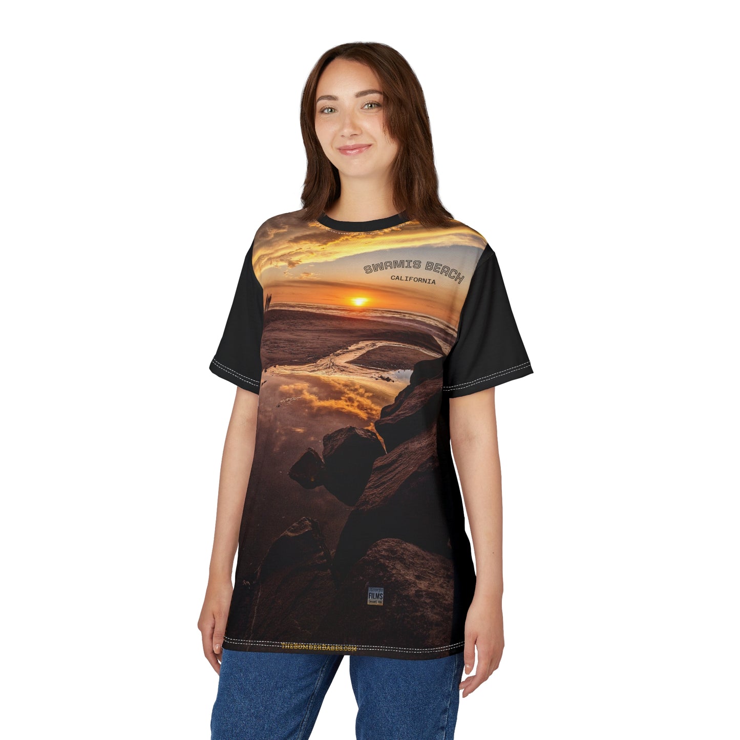 Swamis Vibe Encinitas California JSE Designs #6 Tower 19 Unisex T Sunset Beach Scene Tee, AOP Unisex Cut & Sew T-Shirt, Ocean Lover Gift, California Beachwear, Summer Vacation Apparel, Adventure T-Shirt