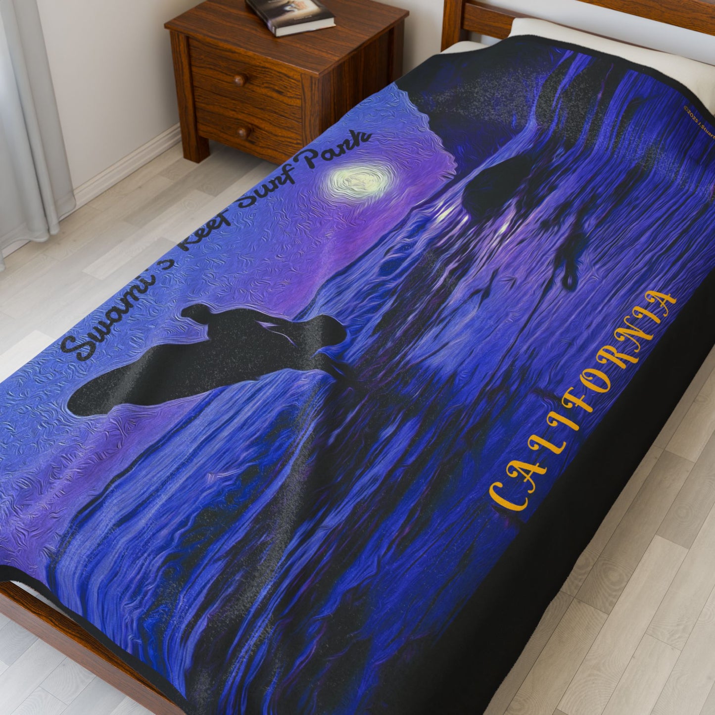 Swamis Vibe Encinitas California JSE Designs  Purple Moon Surfer Blanket #4 Surf Waves Velveteen Plush Blanket, Cozy Throw Blanket, Beach Decor, Gift for Surfers, Home Essentials, Outdoor Blanket
