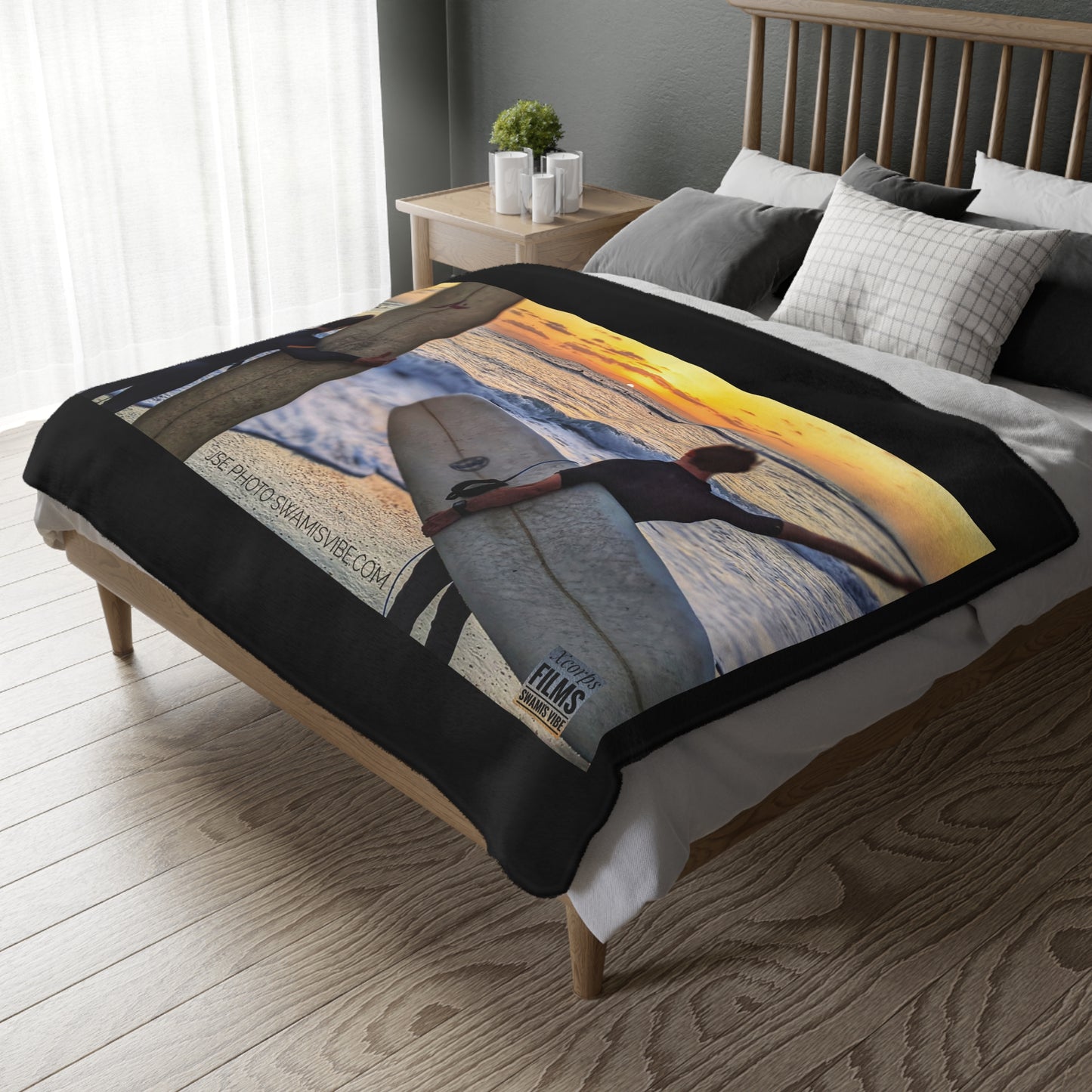 Swamis Vibe Encinitas California JSE Designs Surfer Sunset Blanket #2. Velveteen Microfiber Blanket - Swamis Vibe Surfer Sunset Beach California Two-sided Print