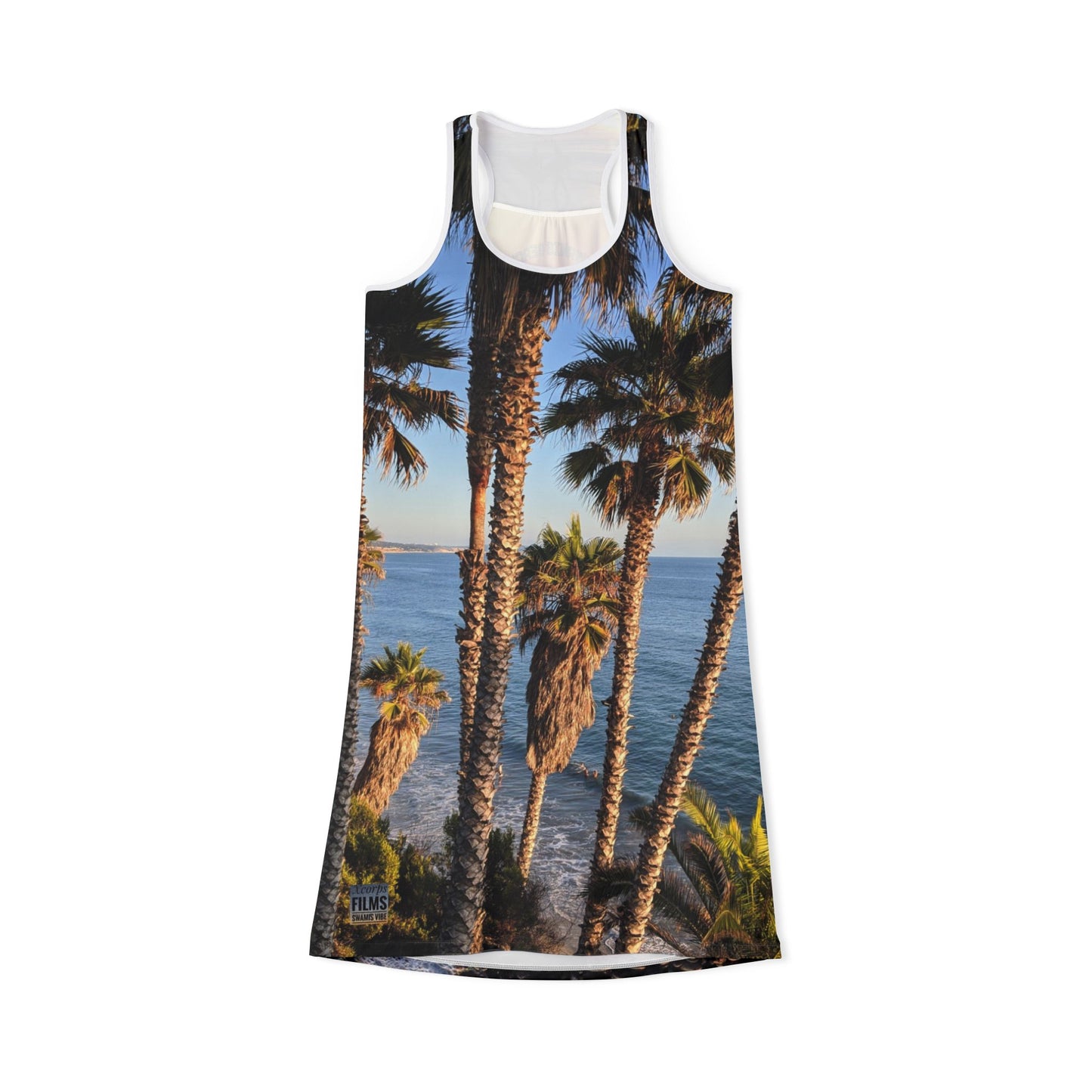 Swamis Vibe JSE Cali Designs Racerback Sports Dress Swami's Vibe Surf Park Collection - Palm Grove Surfers Sunset #333 Tropical Beach Racerback Dress, Vacation Outfit, Boho Style Dress, Summer Dress, Casual Summer Wear, Beachwear
