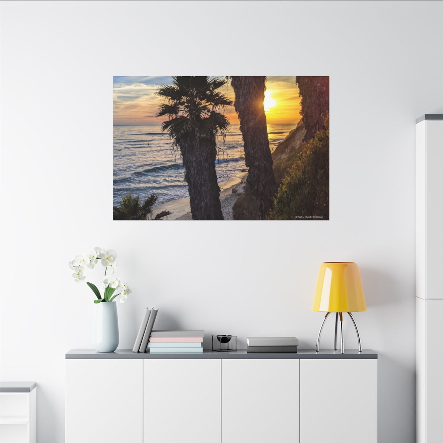 Swamis Vibe Encinitas California JSE Photograph #102 Swamis Sunset Palms and Waves Coastal Sunset Canvas Print, Wall Art, Beach Decor, Home Decor, Nature Wall Art, Tropical Print