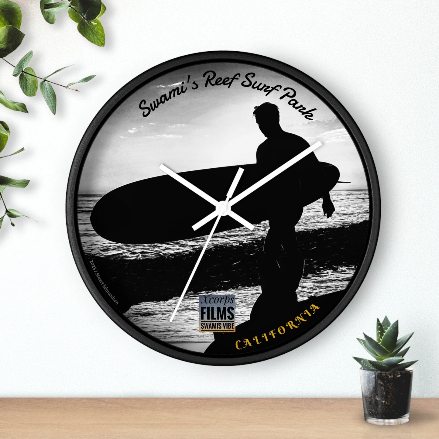 Swamis Vibe Encinitas California JSE Designs Swamis Surfer Silhouette Wall Clock #4. Surf-Inspired Wall Clock, Coastal Decor, Beach House Gift, Surfer's Home Accent, California Vibes, Unique Timepiece