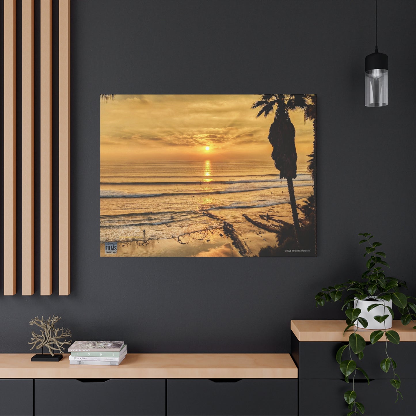 Swamis Vibe Encinitas California JSE Photograph #339 Swamis Sunset Gold Stretched Canvas Art, Sunset Beach Decor, Coastal Wall Art, Ocean Landscape Print, Tropical Home Decoration, Beach Lover Gift