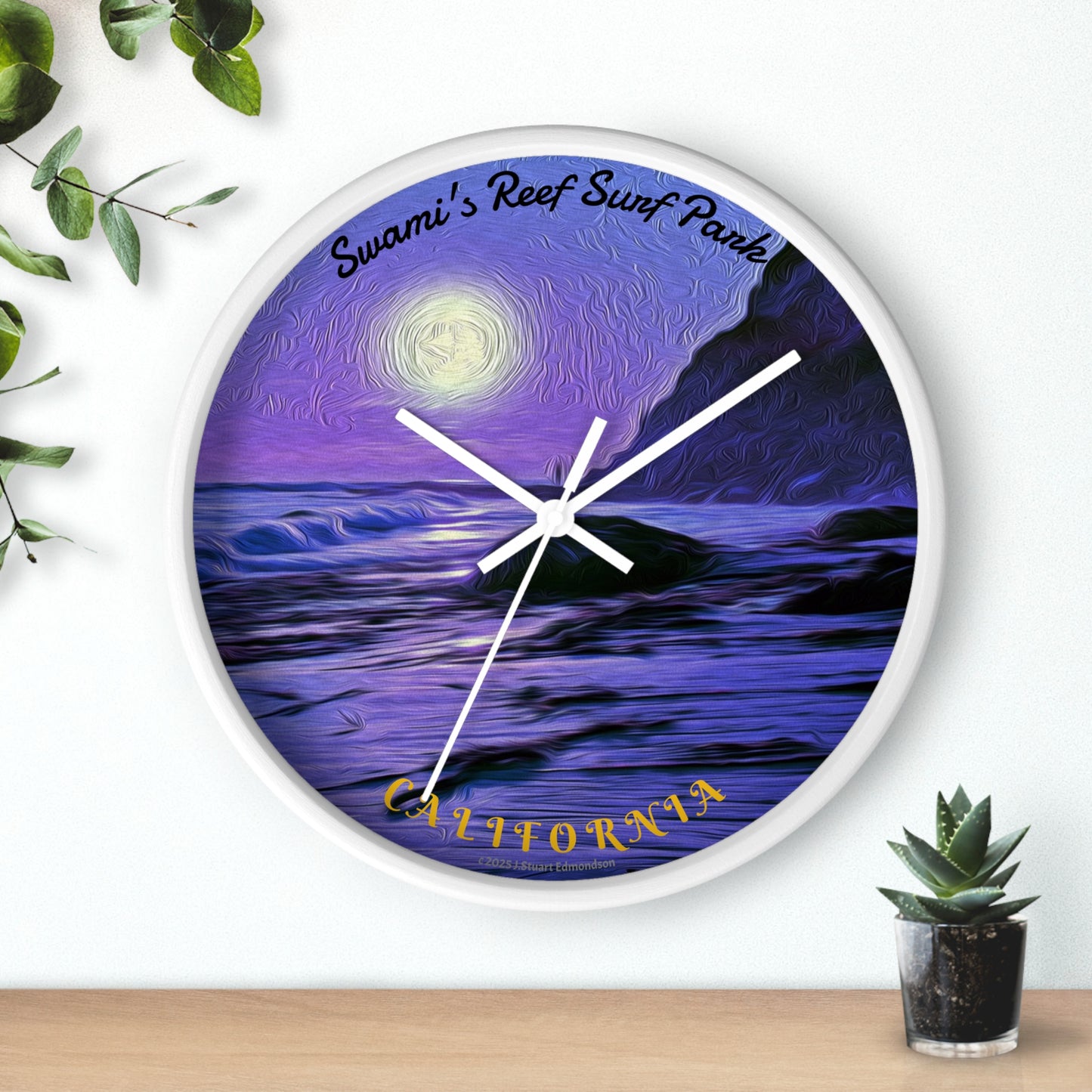 Swamis Vibe Encinitas California JSE Designs Swamis Surfing Sunset Wall Clock #6. Purple Moon - Serene Moonlit Beach Wall Clock | Coastal Home Decor, Nautical Gift, Ocean Lover's Art, Unique Timepiece, Relaxing Atmosphere
