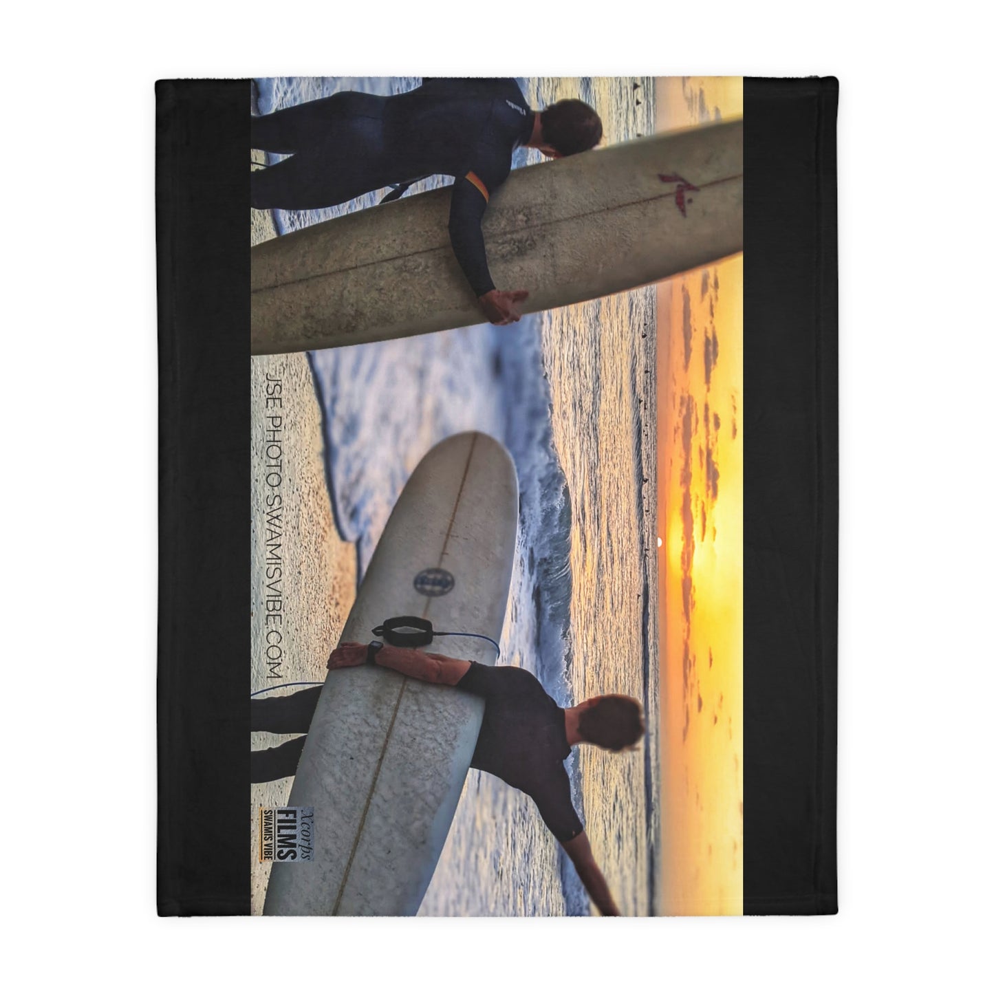 Swamis Vibe Encinitas California JSE Designs Surfer Sunset Blanket #2. Velveteen Microfiber Blanket - Swamis Vibe Surfer Sunset Beach California Two-sided Print