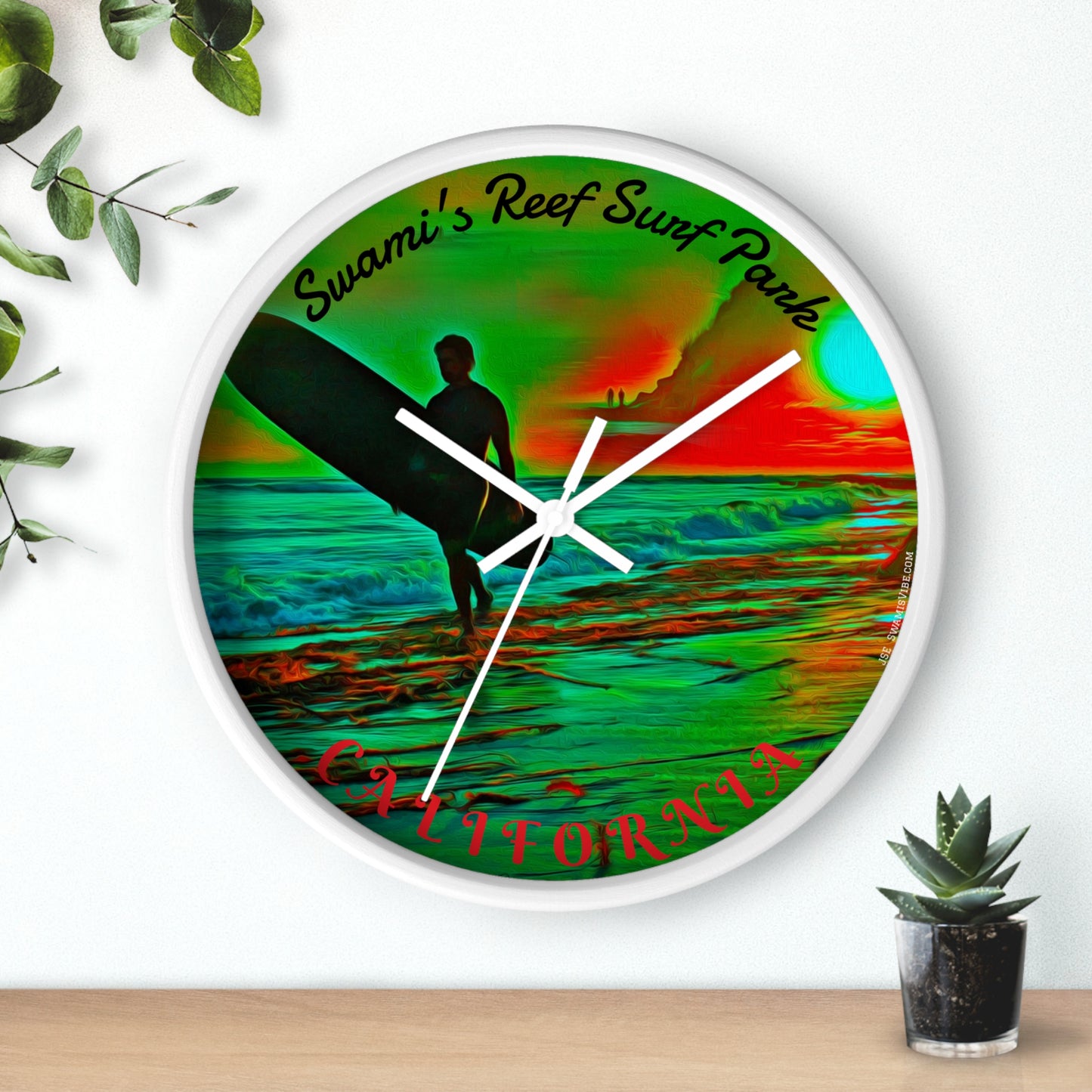 Swamis Vibe Encinitas California JSE Designs Swamis Surfing Sunset Wall Clock #3. Pop Art Sunset Surfer Wall Clock