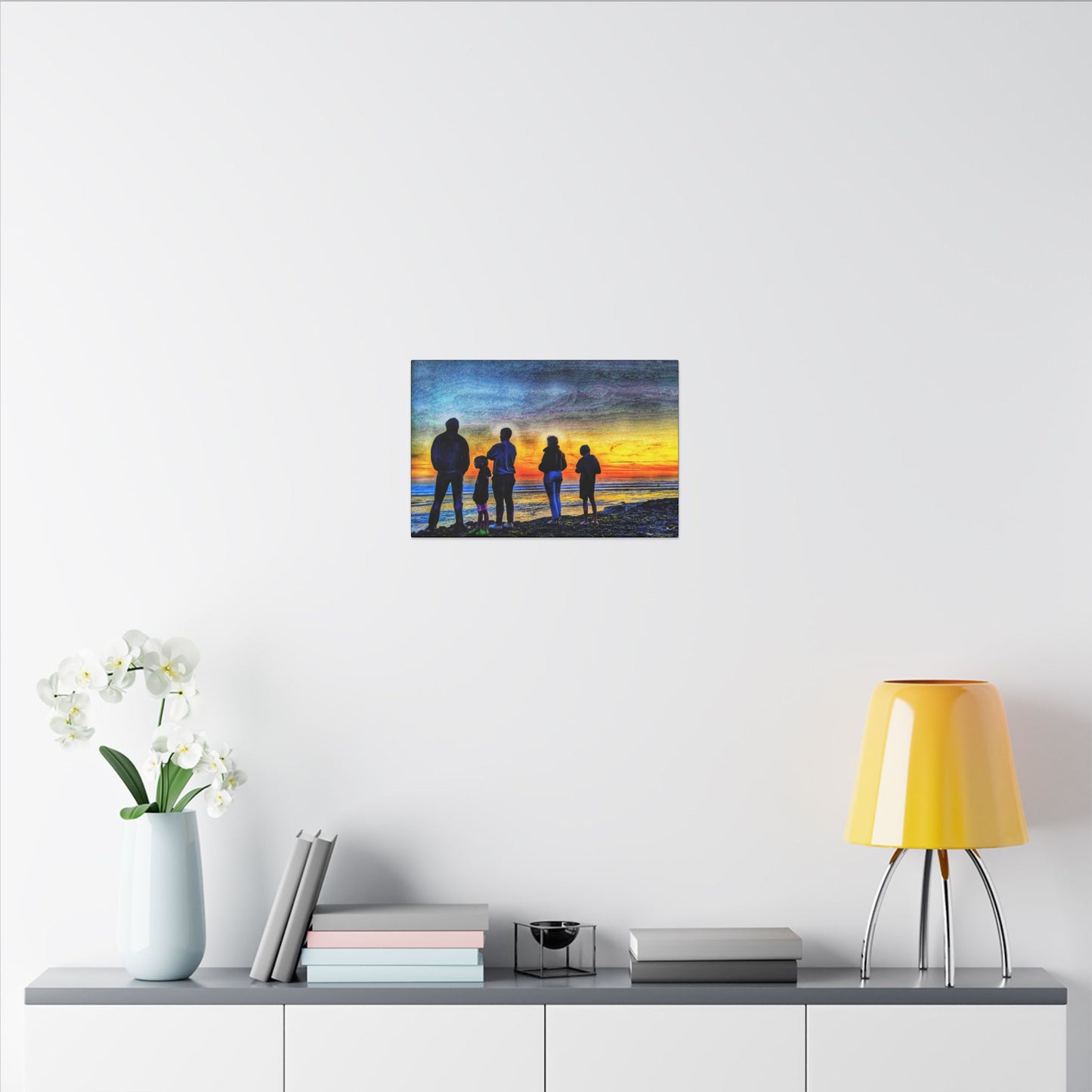 Swamis Vibe Encinitas California JSE Photograph #131 Swamis Low Tide Tourists Sunset Family Silhouette Canvas Wall Art, Stretched Canvas, Home Decor for Living Room, Gift for Parents, Family Portrait, Nature Art