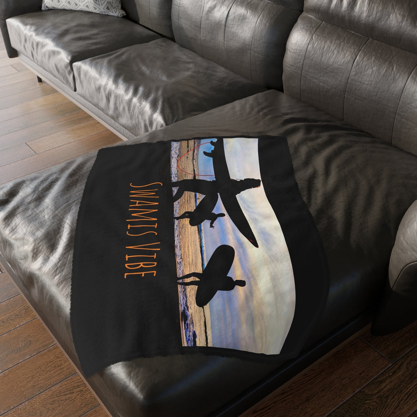 Swamis Vibe Encinitas California JSE Designs Surfer Sunset Blanket #2. Velveteen Microfiber Blanket - Swamis Vibe Surfer Sunset Beach California Two-sided Print