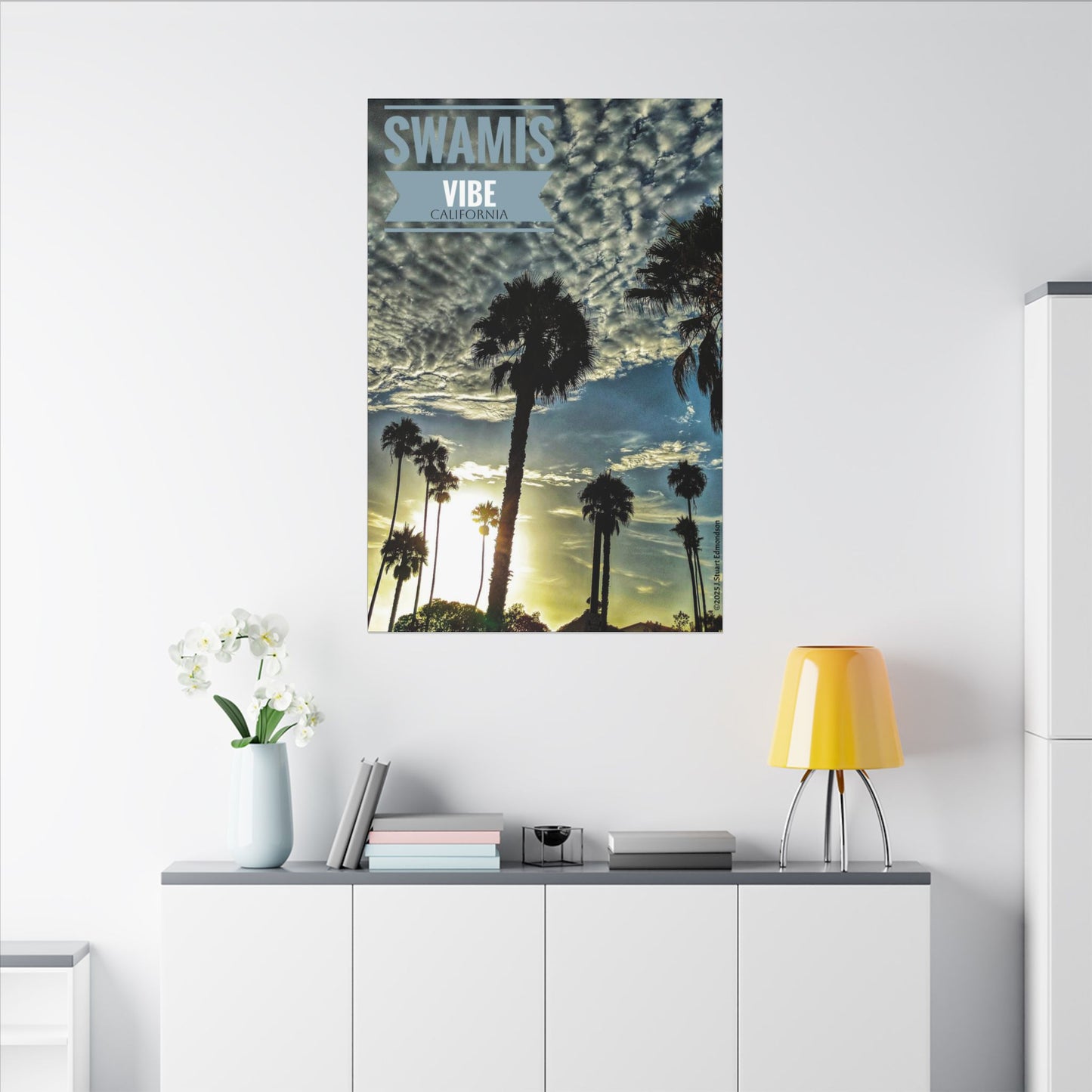 Swamis Vibe Encinitas California JSE Photograph #223 Sun Clouds Palms Sunset Palm Tree Canvas Art, Tropical Wall Decor for Home, Beach House Vibe, Gift for Nature Lovers, Summer Decoration