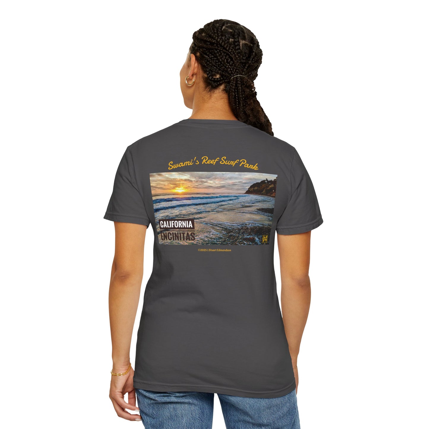 Swamis Vibe Encinitas California JSE Designs #1229 Swamis Vibe Film Unisex Sunset Surfer Tee Shirt California Sunset Garment-Dyed T-Shirt | Beach Vibes Tee | Unisex Summer Fashion | Gift for Travelers, Nature Lovers, Friends