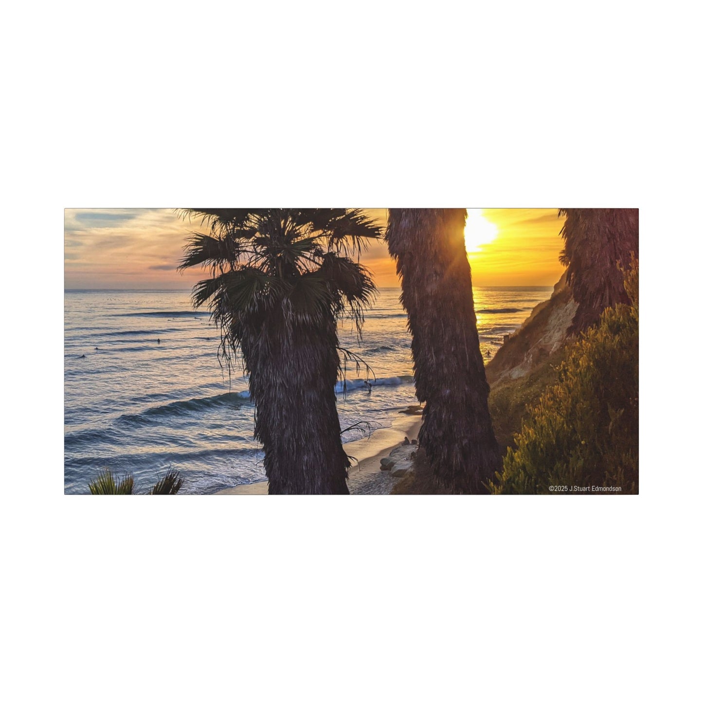 Swamis Vibe Encinitas California JSE Photograph #102 Swamis Sunset Palms and Waves Coastal Sunset Canvas Print, Wall Art, Beach Decor, Home Decor, Nature Wall Art, Tropical Print