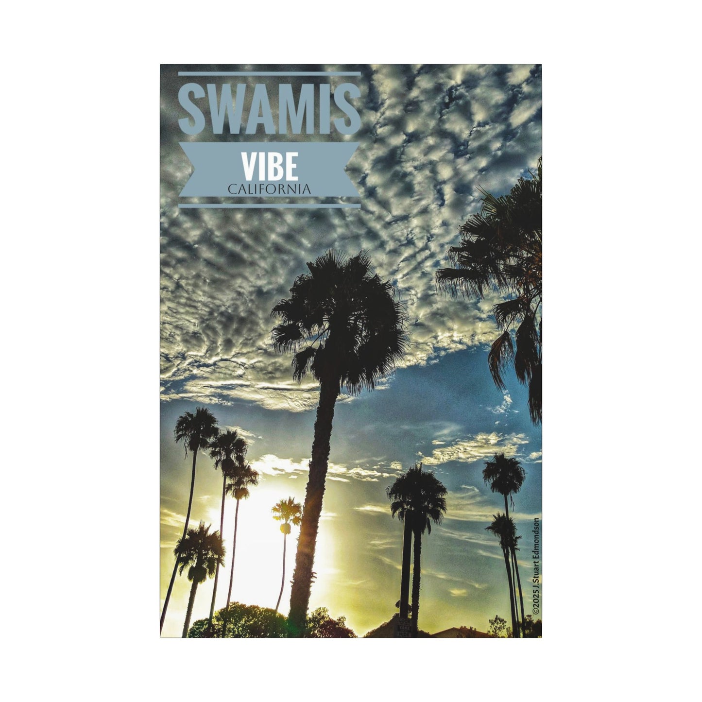 Swamis Vibe Encinitas California JSE Photograph #223 Sun Clouds Palms Sunset Palm Tree Canvas Art, Tropical Wall Decor for Home, Beach House Vibe, Gift for Nature Lovers, Summer Decoration