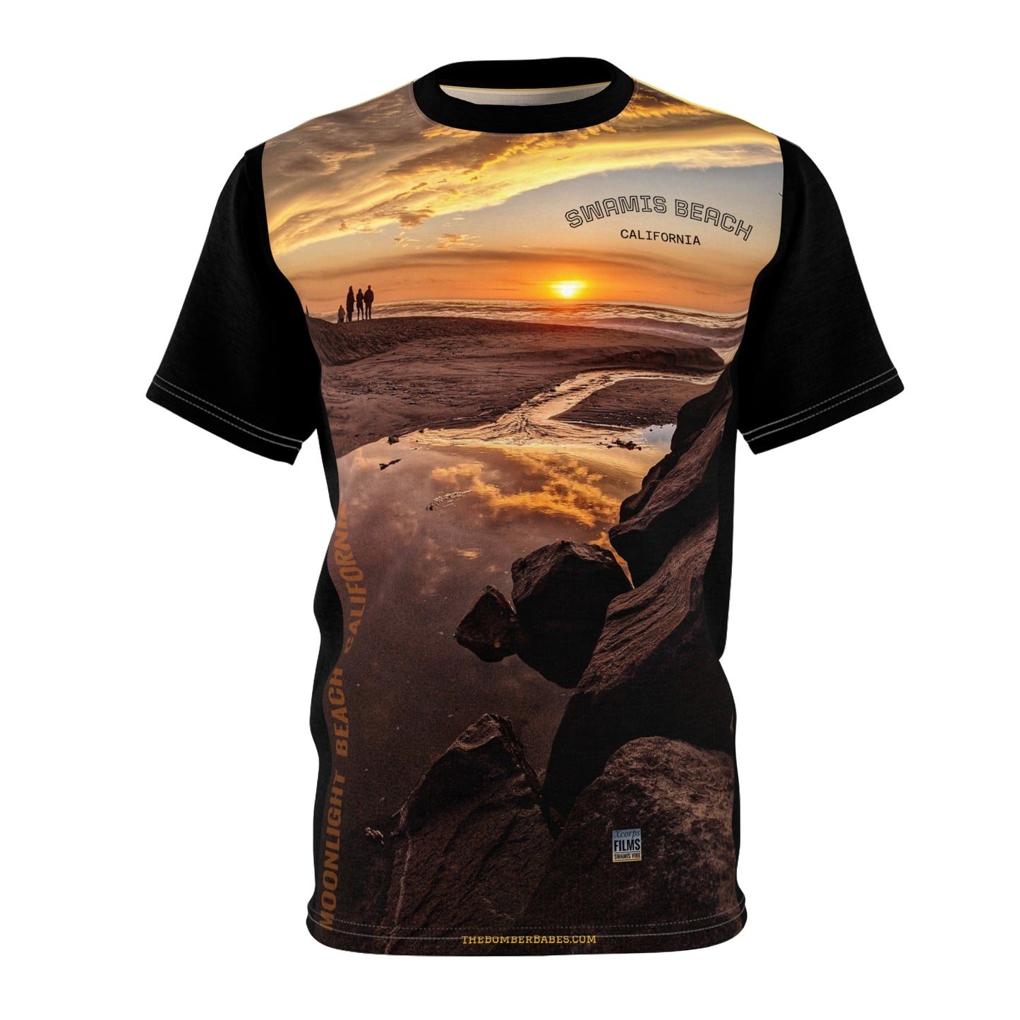 Swamis Vibe Encinitas California JSE Designs #6 Tower 19 Unisex T Sunset Beach Scene Tee, AOP Unisex Cut & Sew T-Shirt, Ocean Lover Gift, California Beachwear, Summer Vacation Apparel, Adventure T-Shirt