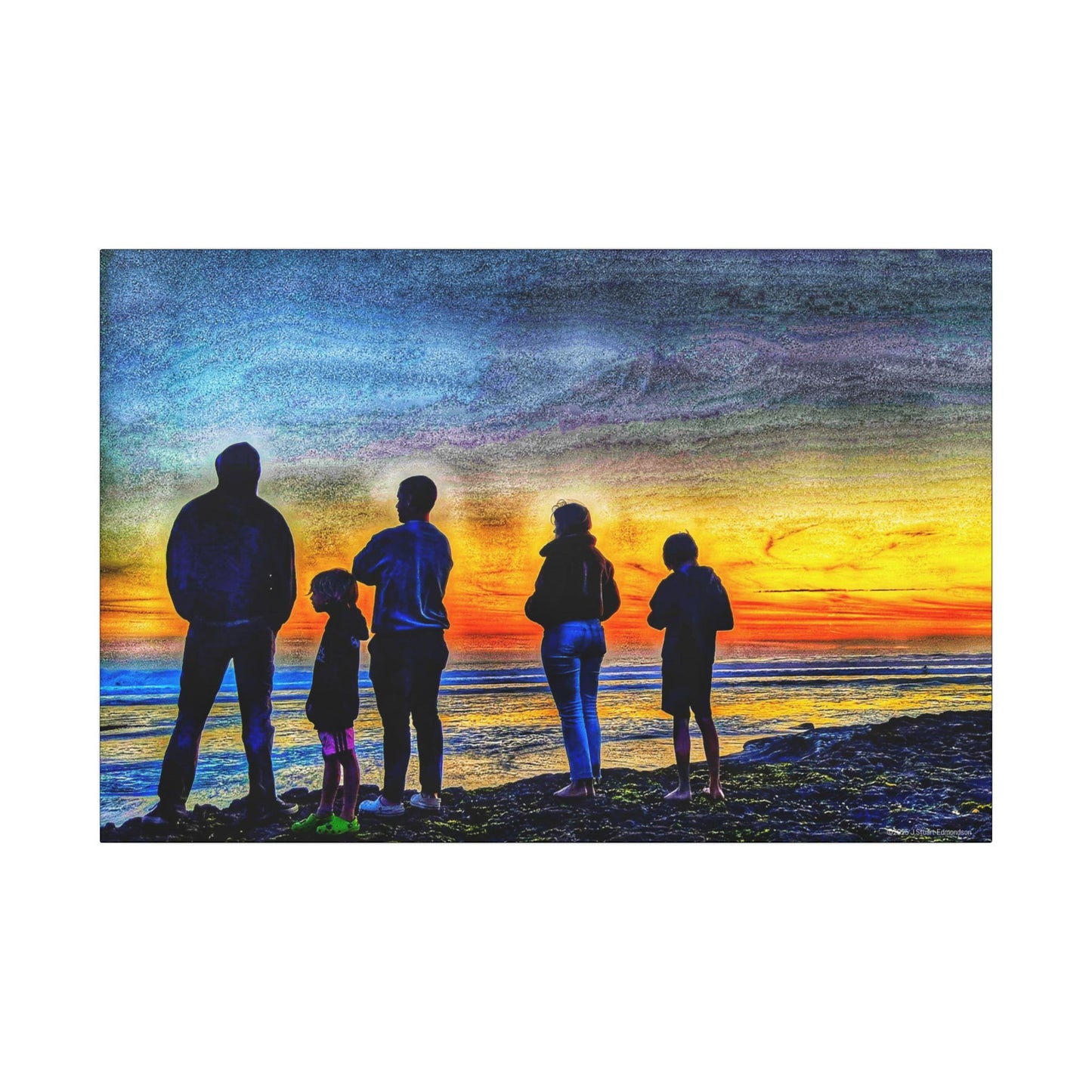 Swamis Vibe Encinitas California JSE Photograph #131 Swamis Low Tide Tourists Sunset Family Silhouette Canvas Wall Art, Stretched Canvas, Home Decor for Living Room, Gift for Parents, Family Portrait, Nature Art