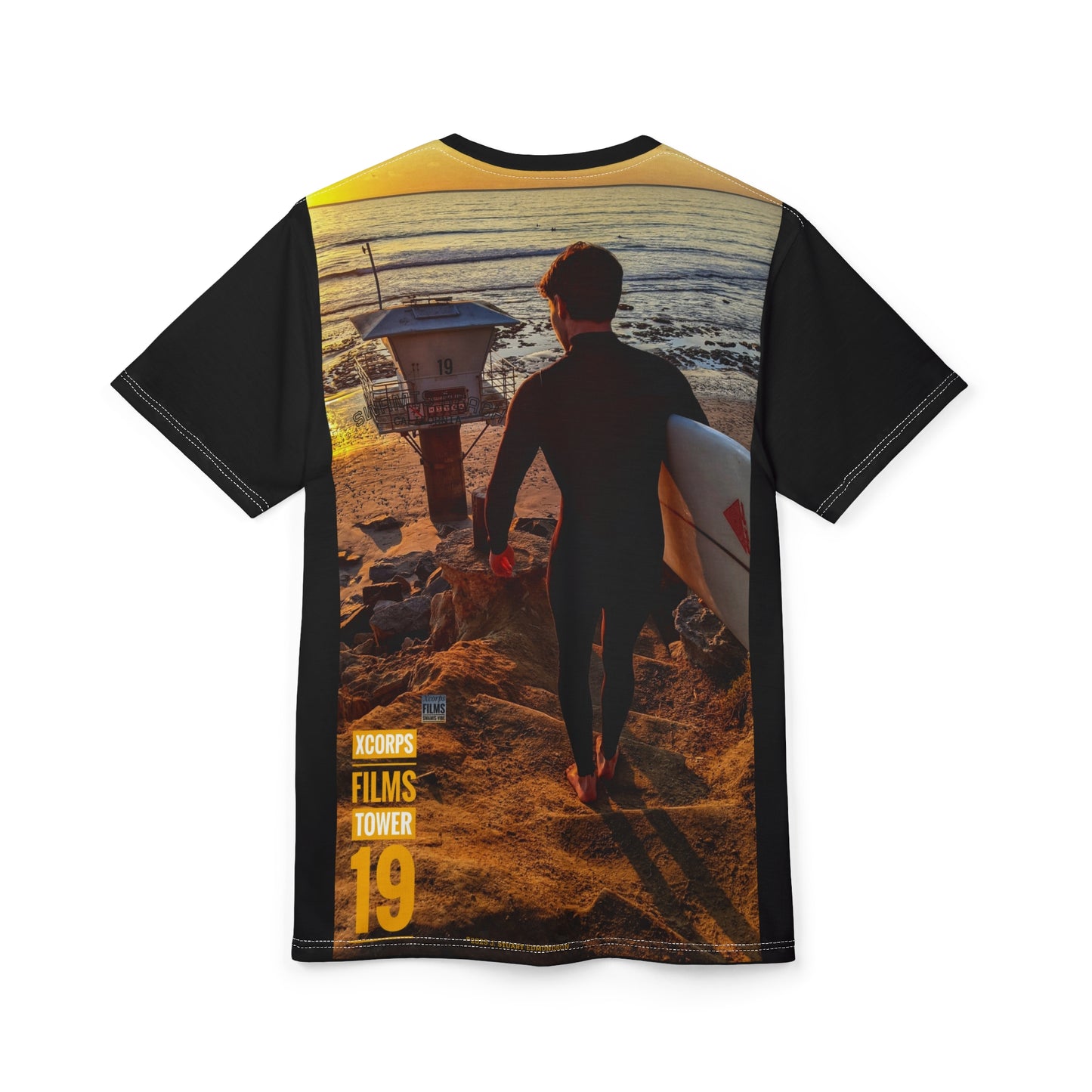 Swamis Vibe Encinitas California JSE Designs #6 Tower 19 Unisex T Sunset Beach Scene Tee, AOP Unisex Cut & Sew T-Shirt, Ocean Lover Gift, California Beachwear, Summer Vacation Apparel, Adventure T-Shirt