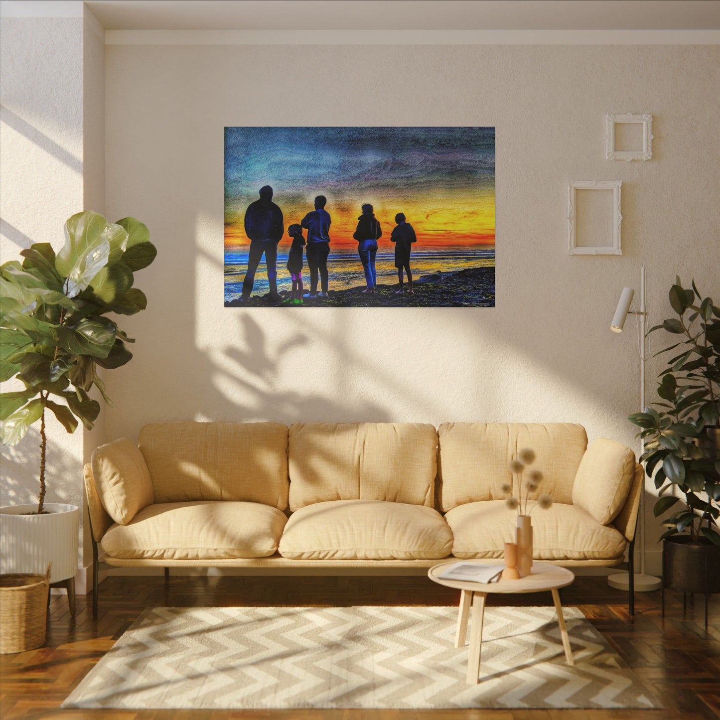Swamis Vibe Encinitas California JSE Photograph #131 Swamis Low Tide Tourists Sunset Family Silhouette Canvas Wall Art, Stretched Canvas, Home Decor for Living Room, Gift for Parents, Family Portrait, Nature Art