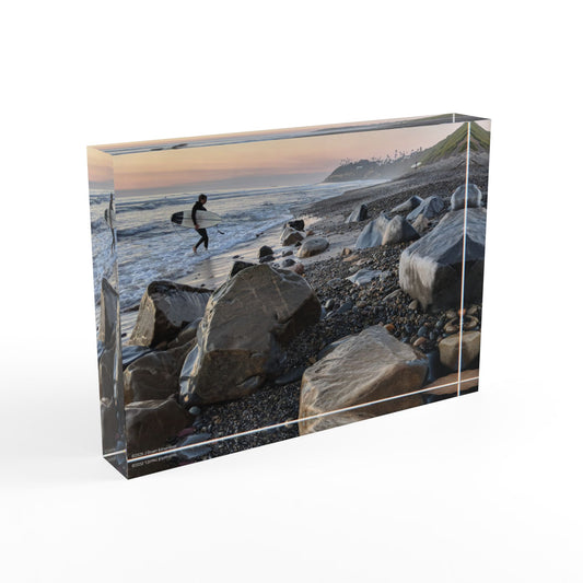 Swamis Vibe Surf and Sunsets Surfers and Melted Rocks #316 Scenic Photo Block - Beach Art Display, Coastal Home or Office Decor, Unique Gift, Perfect for Photography Lovers, Coastal Vibe Decoration
