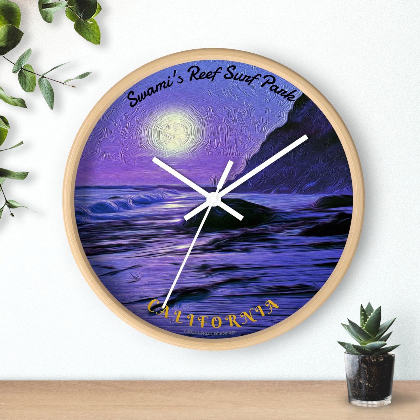 Swamis Vibe Encinitas California JSE Designs Swamis Surfing Sunset Wall Clock #6. Purple Moon - Serene Moonlit Beach Wall Clock | Coastal Home Decor, Nautical Gift, Ocean Lover's Art, Unique Timepiece, Relaxing Atmosphere