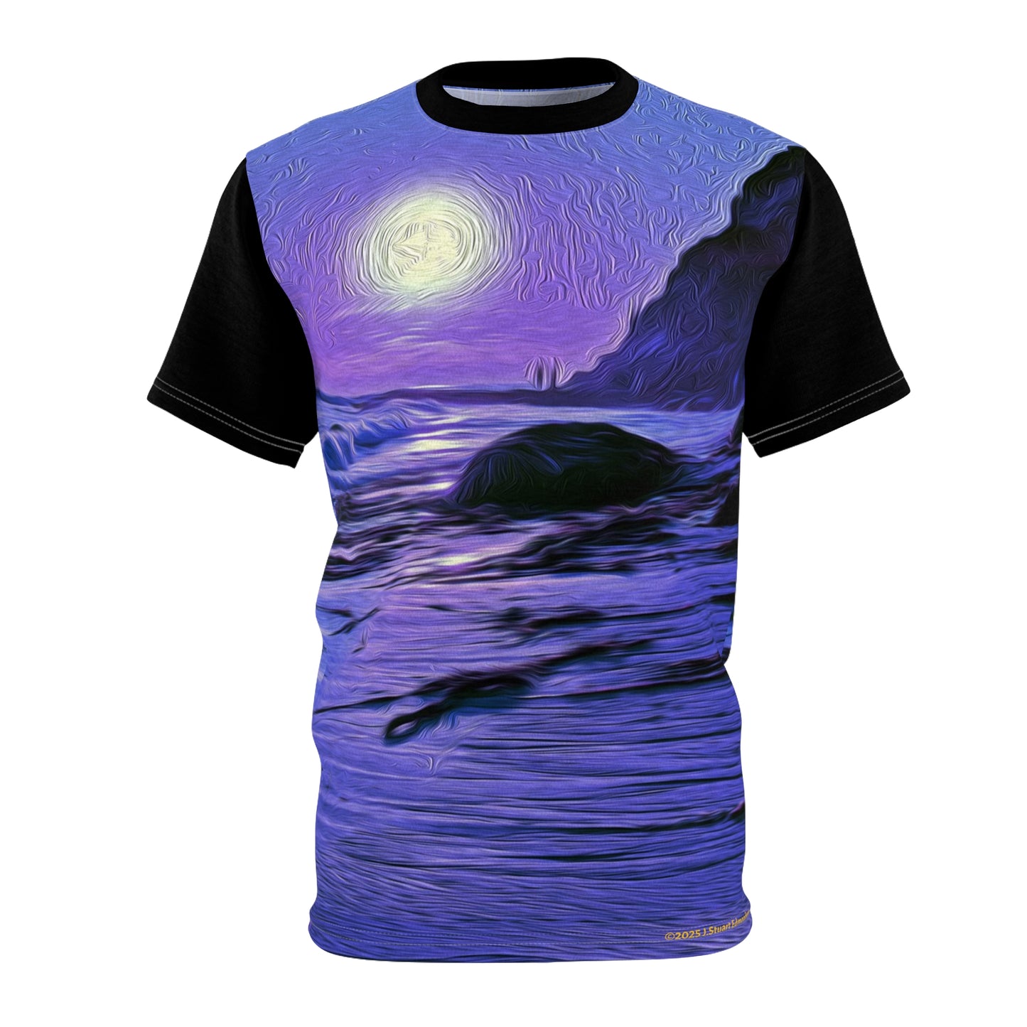 Swamis Vibe Encinitas California JSE Designs #3. Purple Moon Surfer Moonlit Ocean Unisex Tee, Artistic Graphic T-Shirt, Beach Lover Gift, Summer Wear, Unique Casual Top
