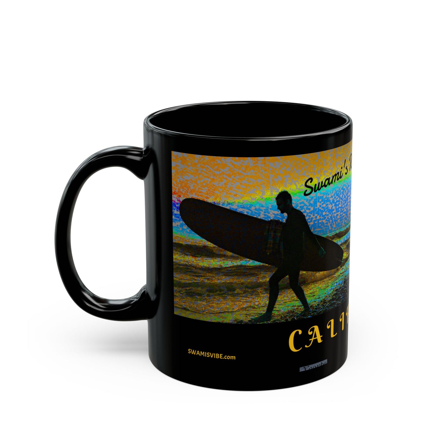 Swamis Vibe Encinitas California JSE Sunset Surf Designs #6 Xcorps Films Swamis Vibe Ceramic Mug California Surfing Mug, Black Ceramic Coffee Cup, Beach Lover Gift, Surfboard Artwork, Swami's Reef Surf, Unique Coffee Mug