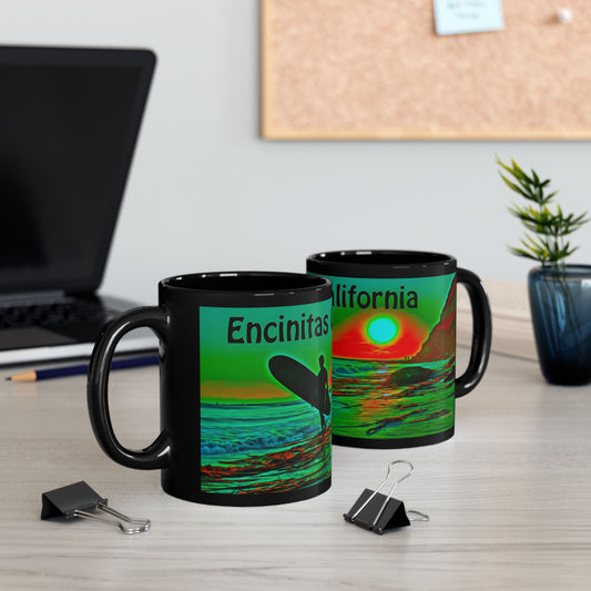 Swamis Vibe Encinitas California JSE Xcorps Films Designs #8. Swamis Surfer's Paradise Black Mug - Perfect for Coffee Lovers, Beach Vibes, Gifts for Him/Her, Summer, Surfing Enthusiasts, California