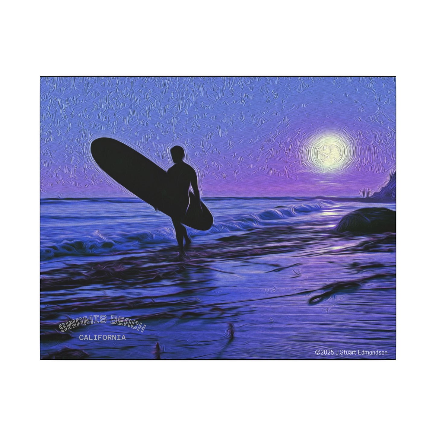 Swamis Vibe Encinitas California JSE Photograph #140 Purple Sunset Surfer Ocean Sunset Surfing Canvas, Beach Wall Art, Surf Decor, Coastal Home Decor, Beach House Wall Art, Perfect Gift for Surf Lovers