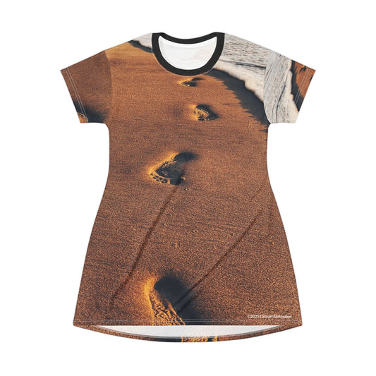 Swamis Vibe Coastal T-Shirt Beach Dress #6. Shoreline Reflections Artistic Nature Dress Beach-Themed T-Shirt Dress, Relaxed Fit Casual Dress, Summer Wardrobe Essential, Vacation Outfit, Footprints in Sand Design