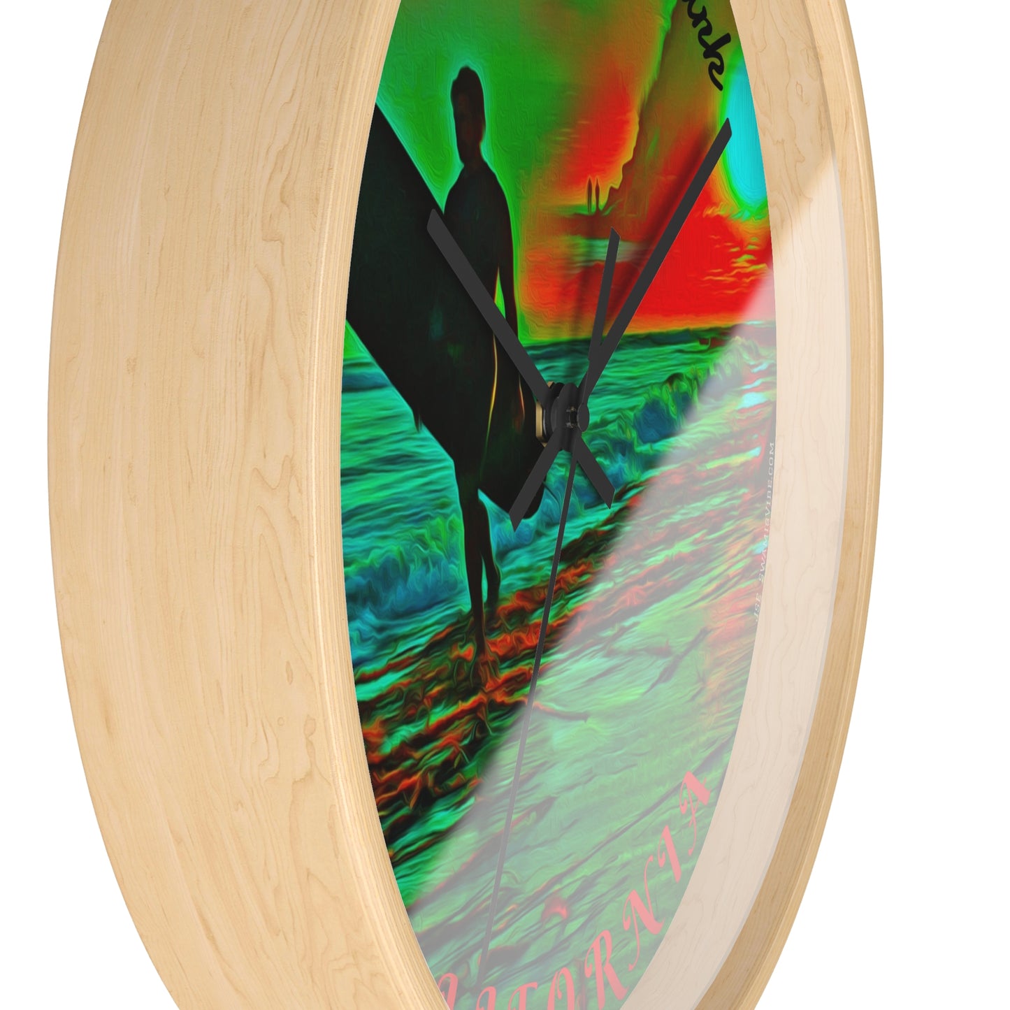 Swamis Vibe Encinitas California JSE Designs Swamis Surfing Sunset Wall Clock #3. Pop Art Sunset Surfer Wall Clock