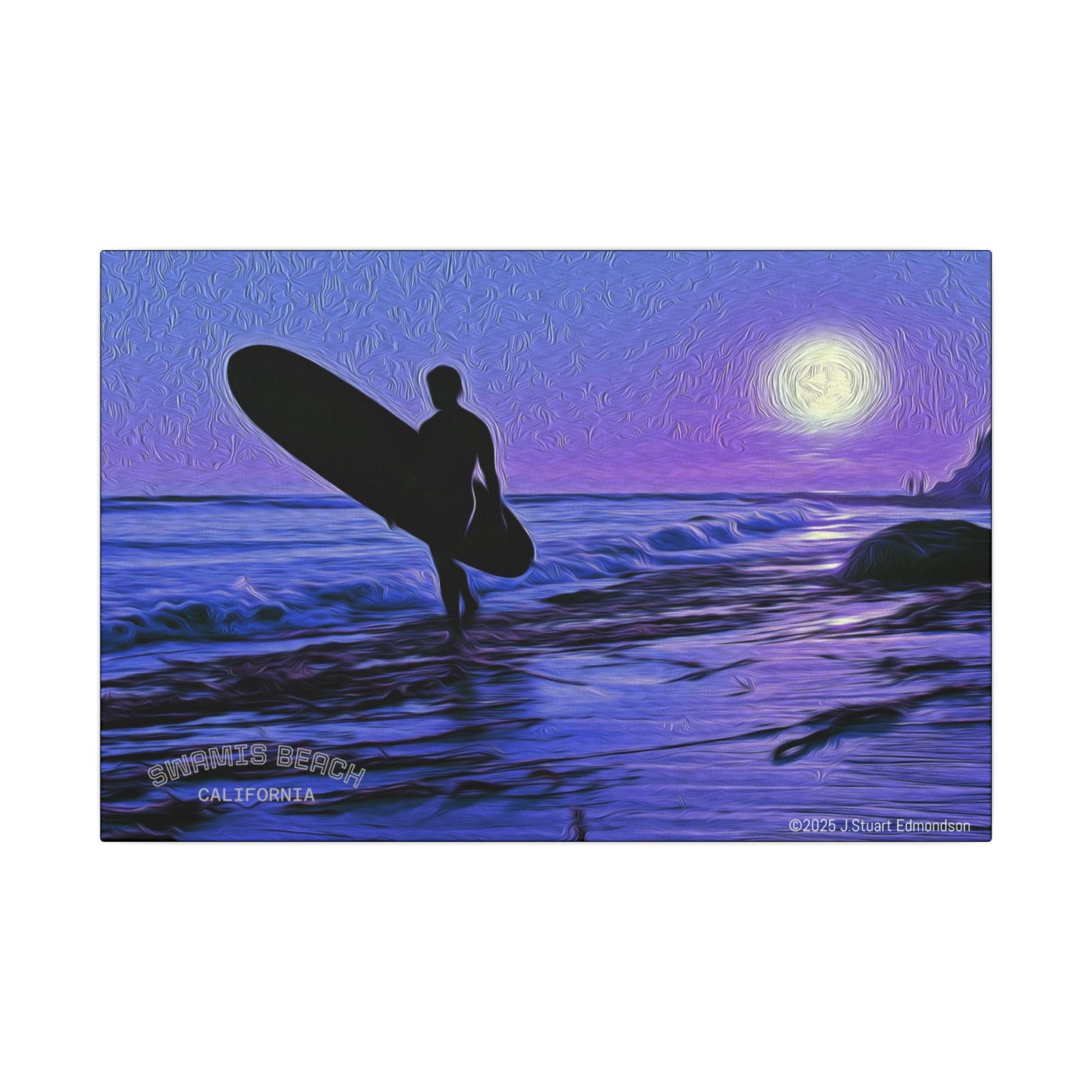 Swamis Vibe Encinitas California JSE Photograph #140 Purple Sunset Surfer Ocean Sunset Surfing Canvas, Beach Wall Art, Surf Decor, Coastal Home Decor, Beach House Wall Art, Perfect Gift for Surf Lovers