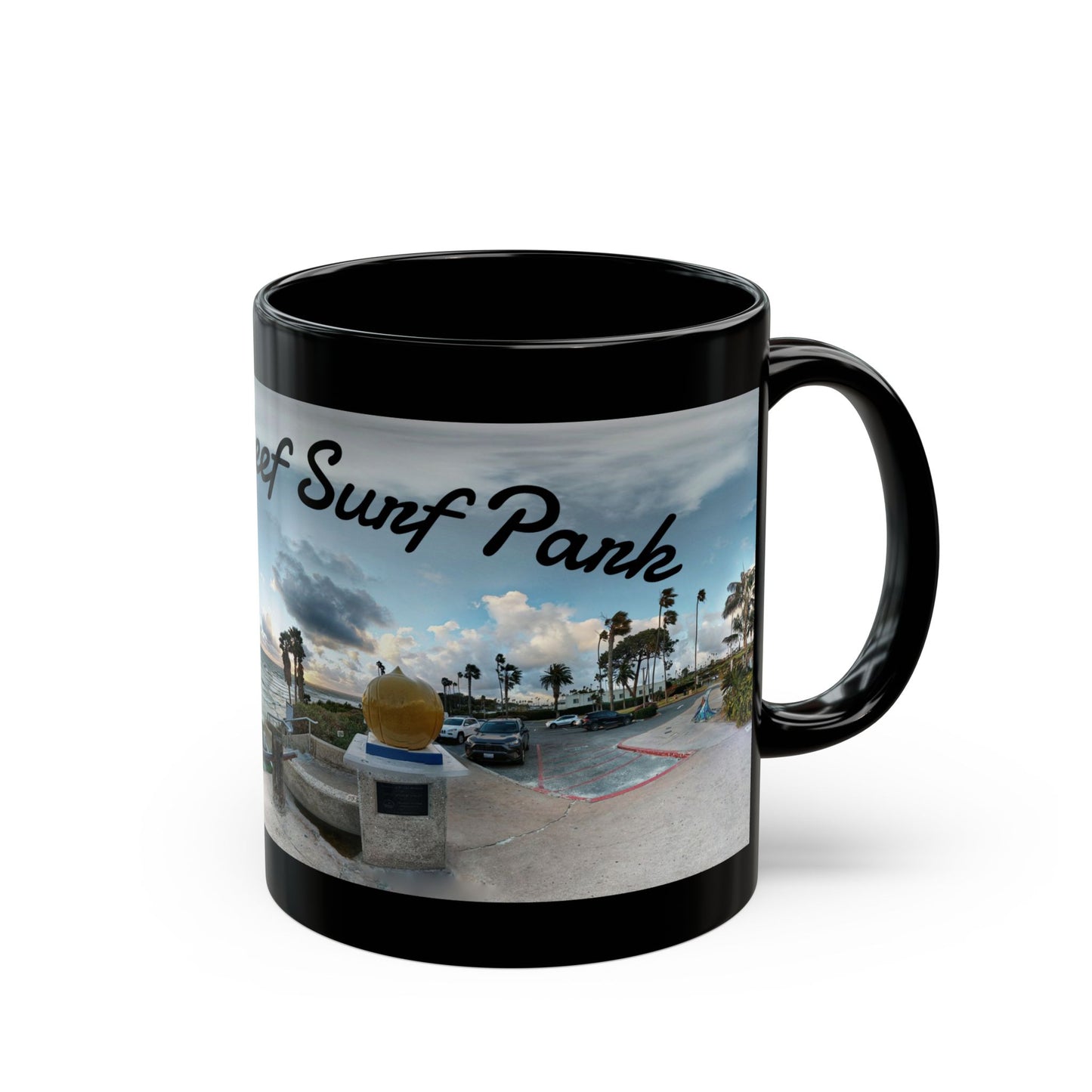 Swamis Vibe Encinitas California JSE Designs #5. Panorama Swamis Surf Park Ceramic Mug - Black Coffee/Tea Cup, Beach Lover Gift, Vacation Souvenir, Surfing Decor, Relaxing Drinkware
